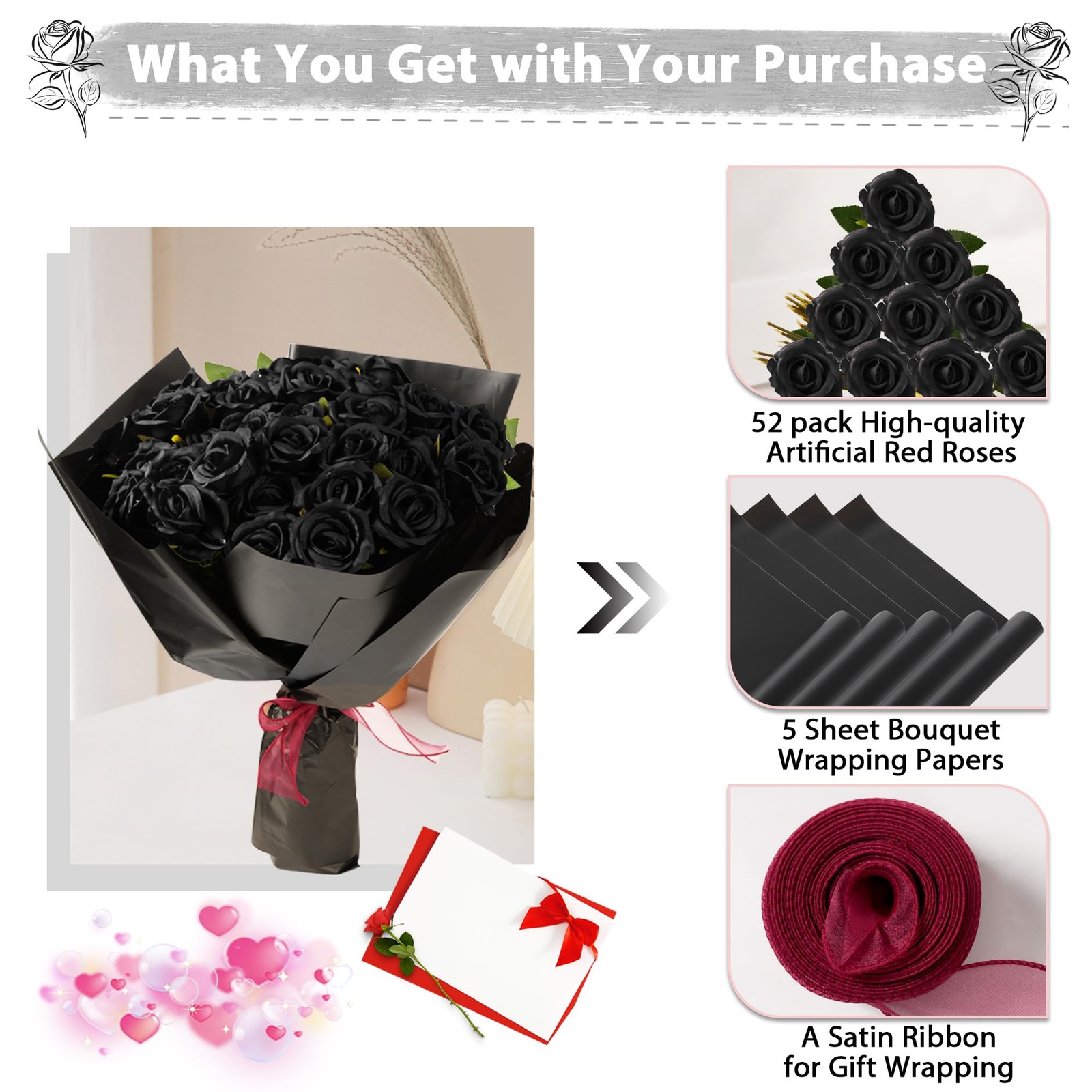 Fanfantoey Black Roses Artificial Flowers Bulk, 52Pcs Fake Roses Flower Arran…