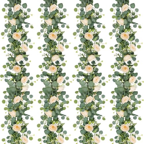 Champagne Rose Flower Garland 24FT Eucalyptus 4 Pack