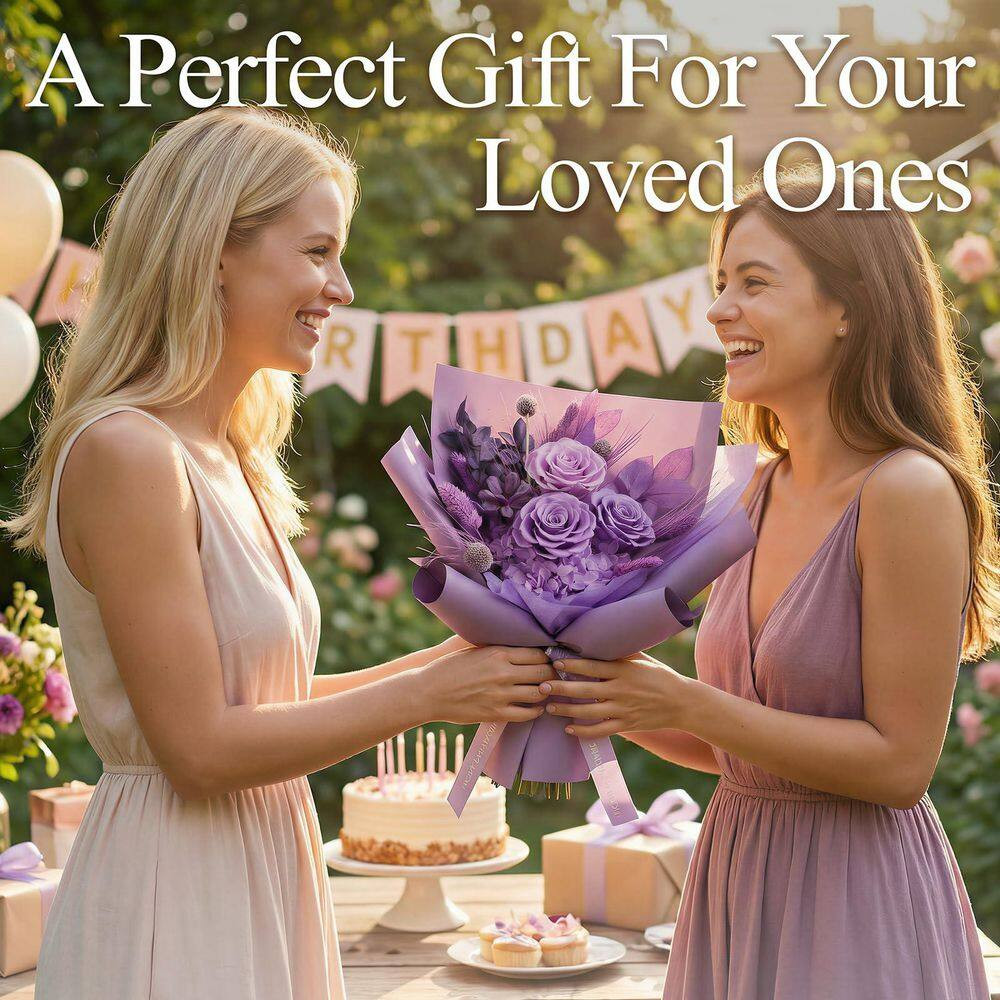 13.4 In. Purple Artificial Preserved Rose Bouquet-Includes Gift Box and Greeting