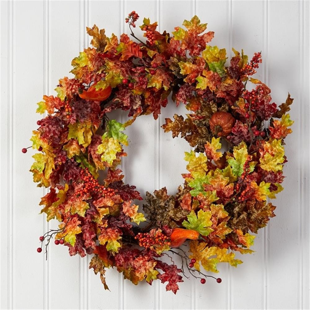 Pemberly Row 32″ Autumn Oak Leaf/Berries & Pumpkin Artificial Autumn Wreath