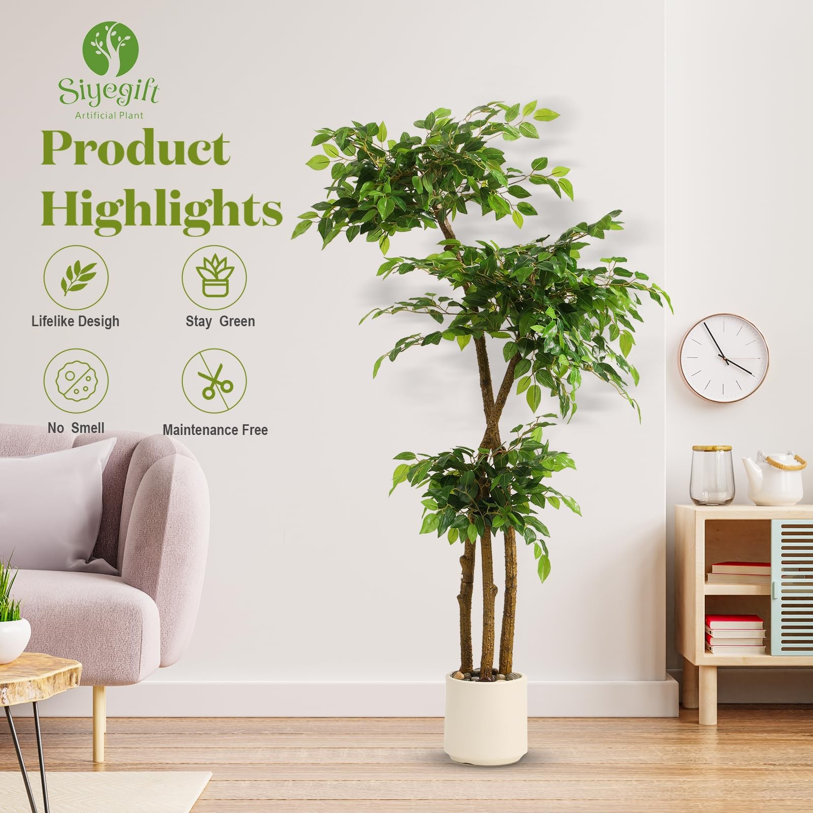 5FT Artificial Ficus Tree with White Planter and Pebbles,Faux Silk Tree with …