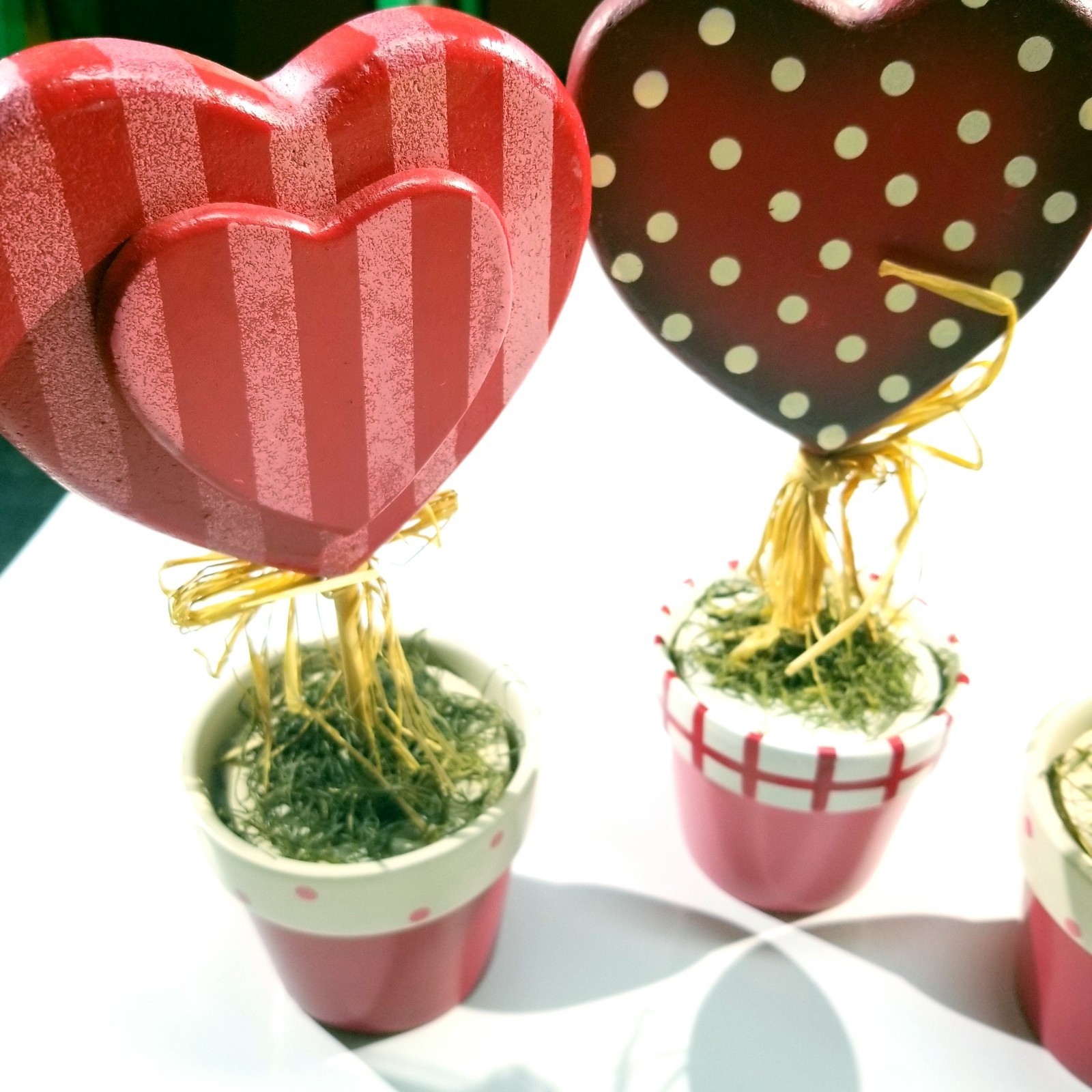Lot of 3 Heart Topiary Decor Red Pink Polka Dot Striped Pots 9” Valentine Decor