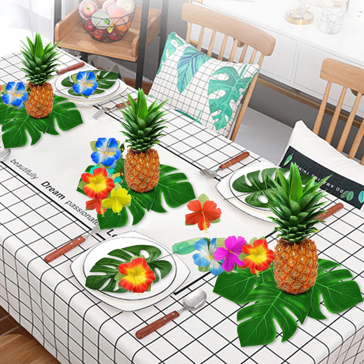 60 Pcs Wrinkle Prevention Flowers and Tropical Leaves for Tropical Party Decorat