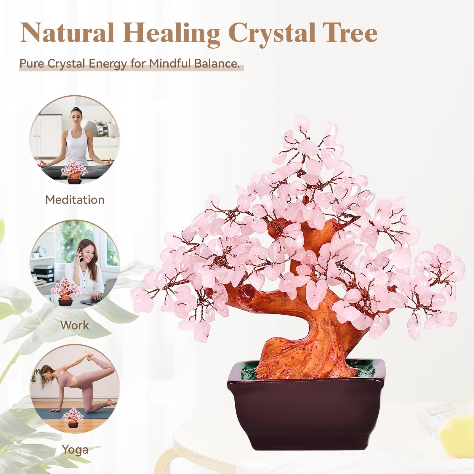 Árbol del dinero cristal cuarzo rosa natural Feng Shui, bonsái cristal curativo