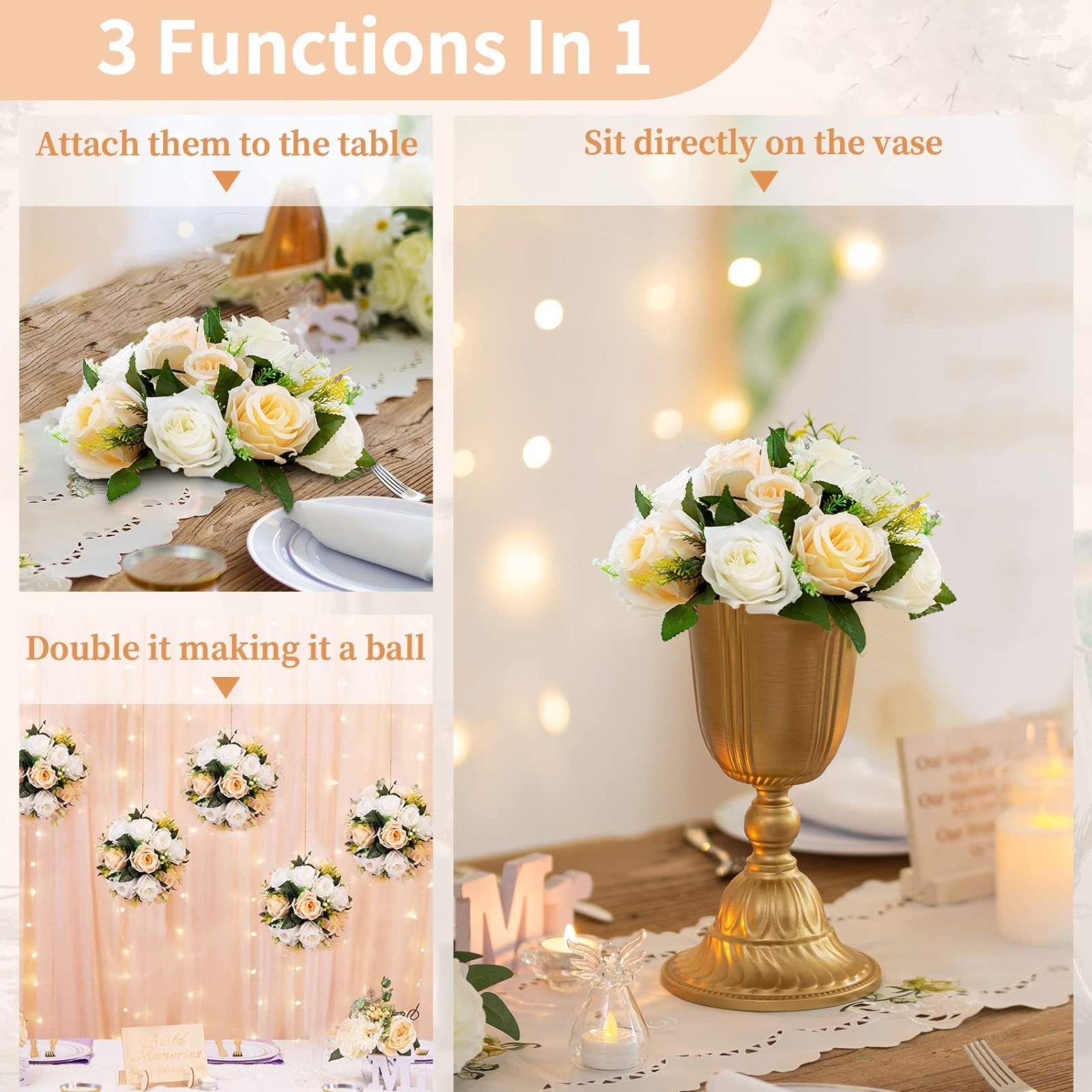 10 Pcs 9.5” Artificial Rose Flower Balls Centerpieces – Peach Champagne & White