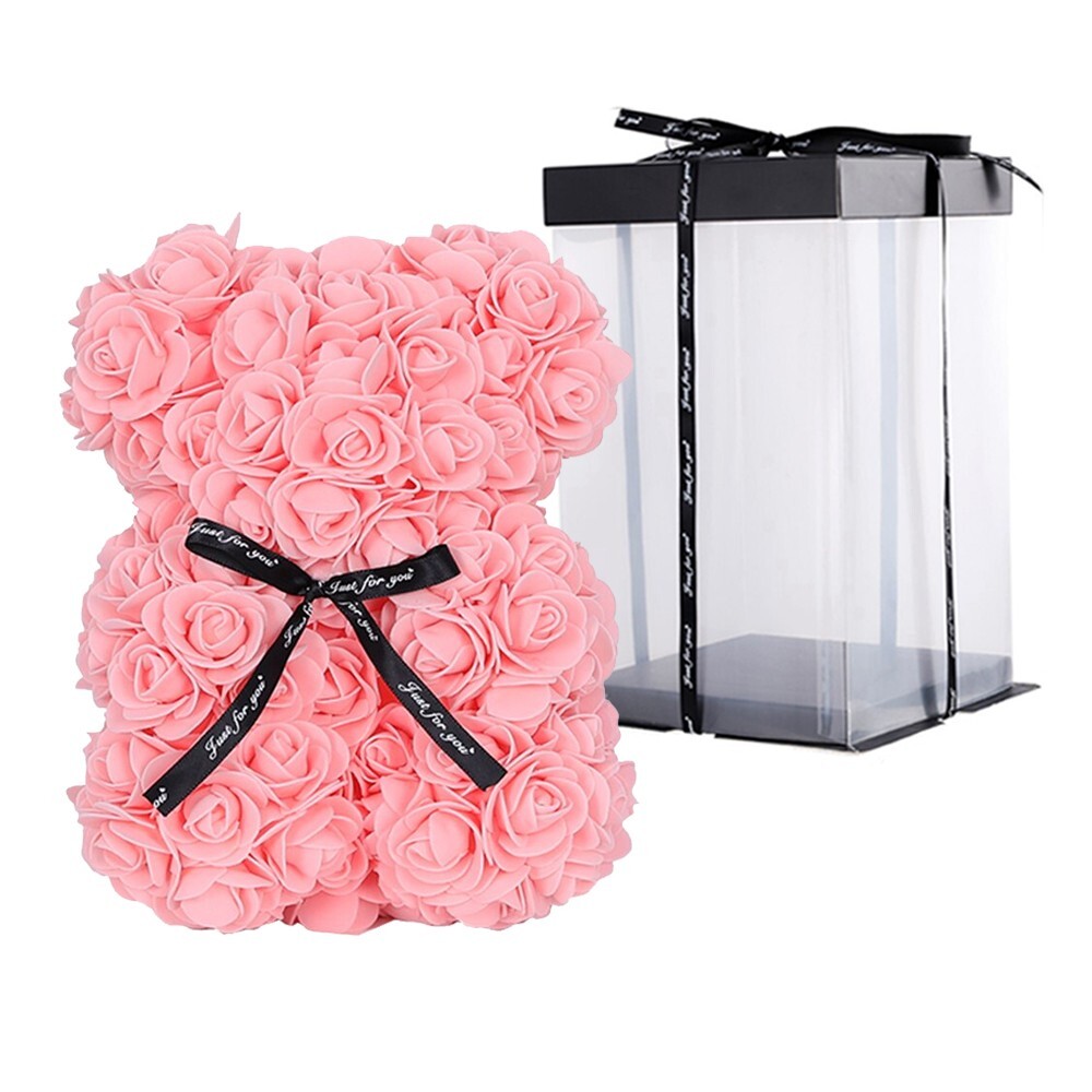 2023 Light Pink Rose Flower Teddy Bear with Gift Box -25cm Valentines & Birthday