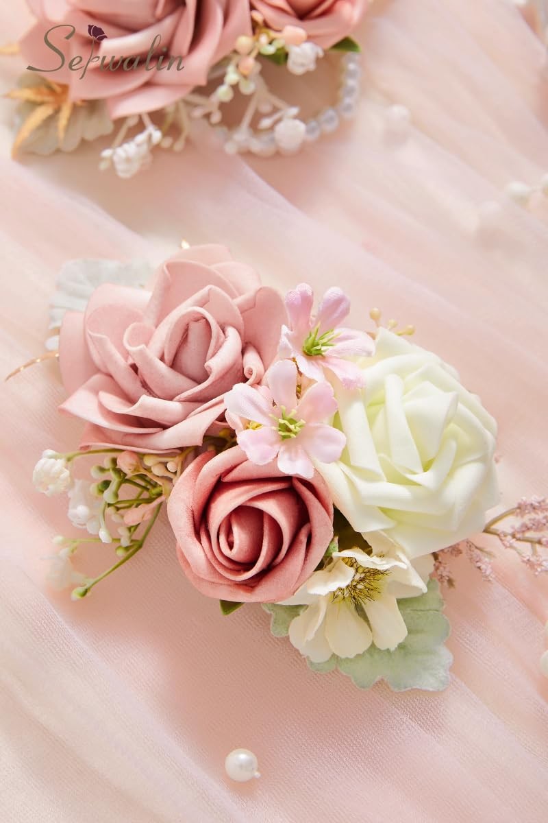 2 PCS Dusty Pink Wrist Corsage and Boutonniere Set Wedding Prom Ceremony