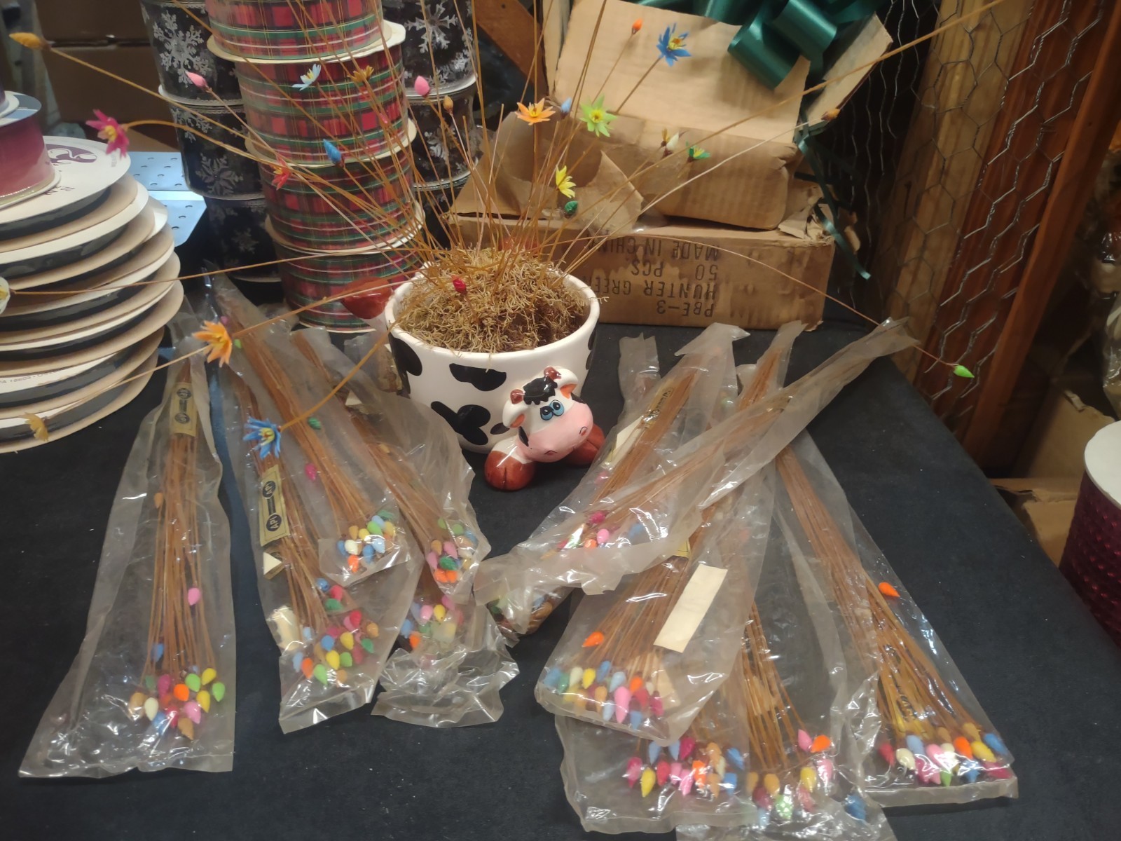 24 Stems: 1960s Vintage Tiny Plastic Cone Flowers, Multicolor Flower Pods 12″