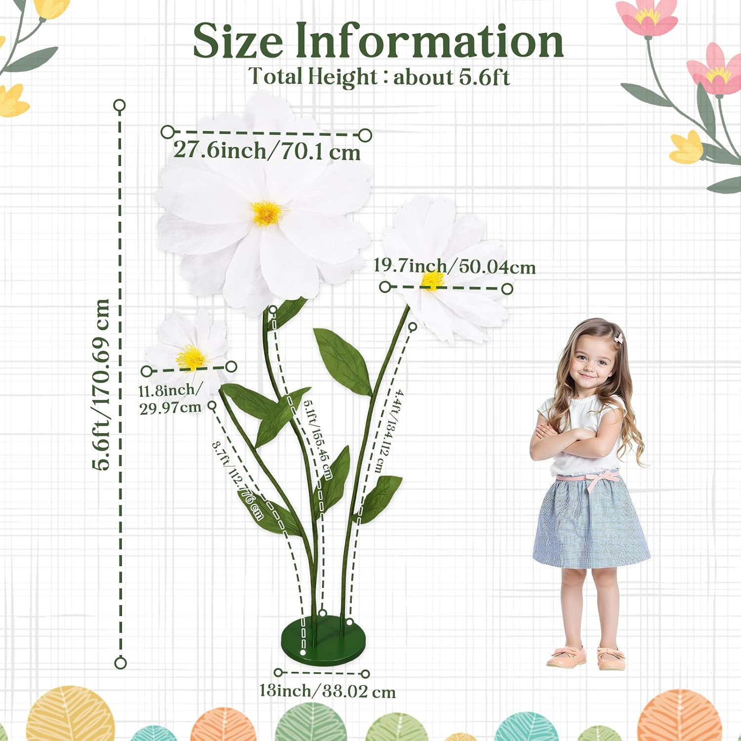 6Ft White Giant Flowers for Decoration with Stand, Large Artificial Silk Daisy,