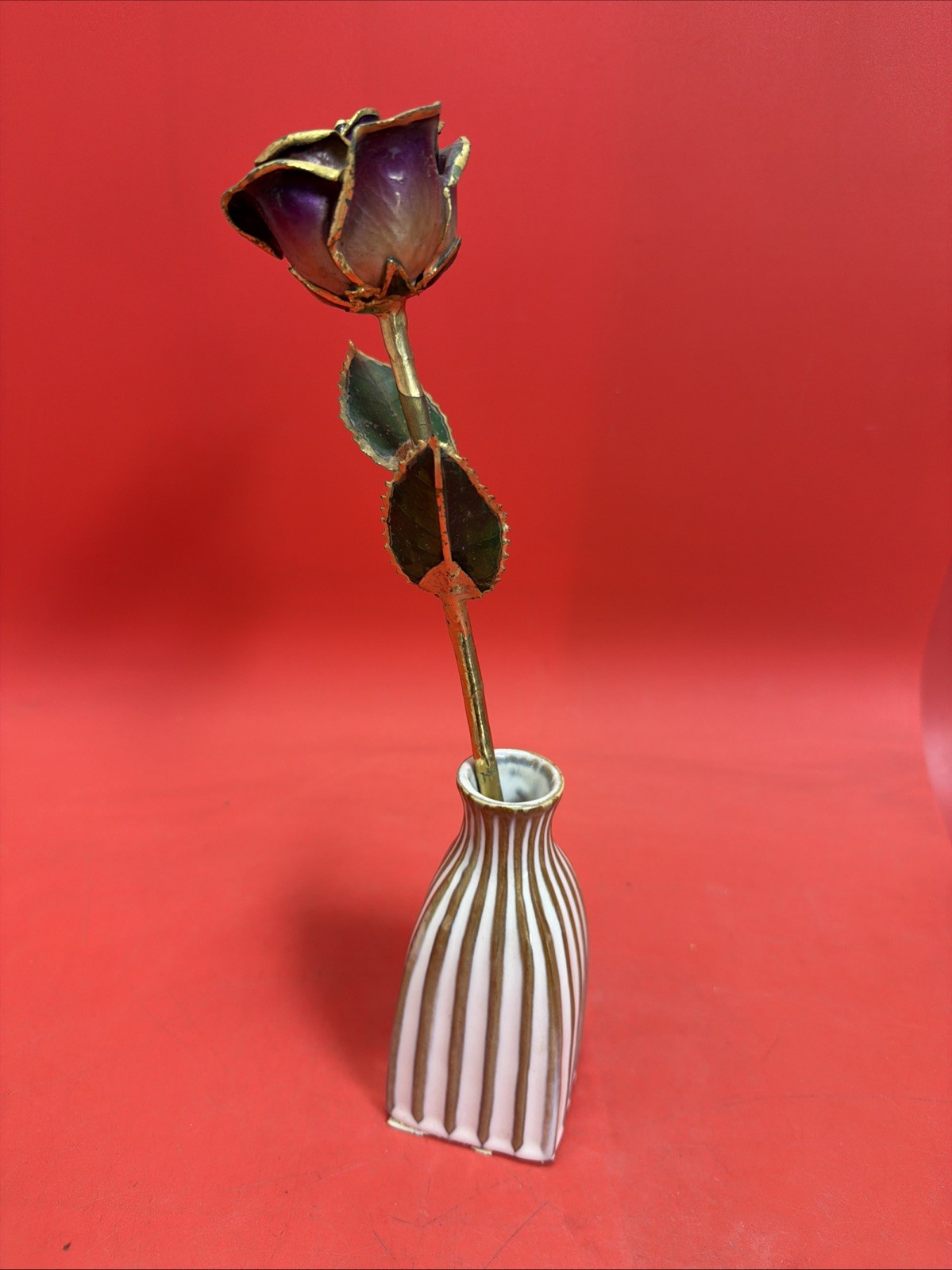 Vintage Gold-Tone Metal Purple Rose 🥀 w Ceramic Vase 4.75” Decor