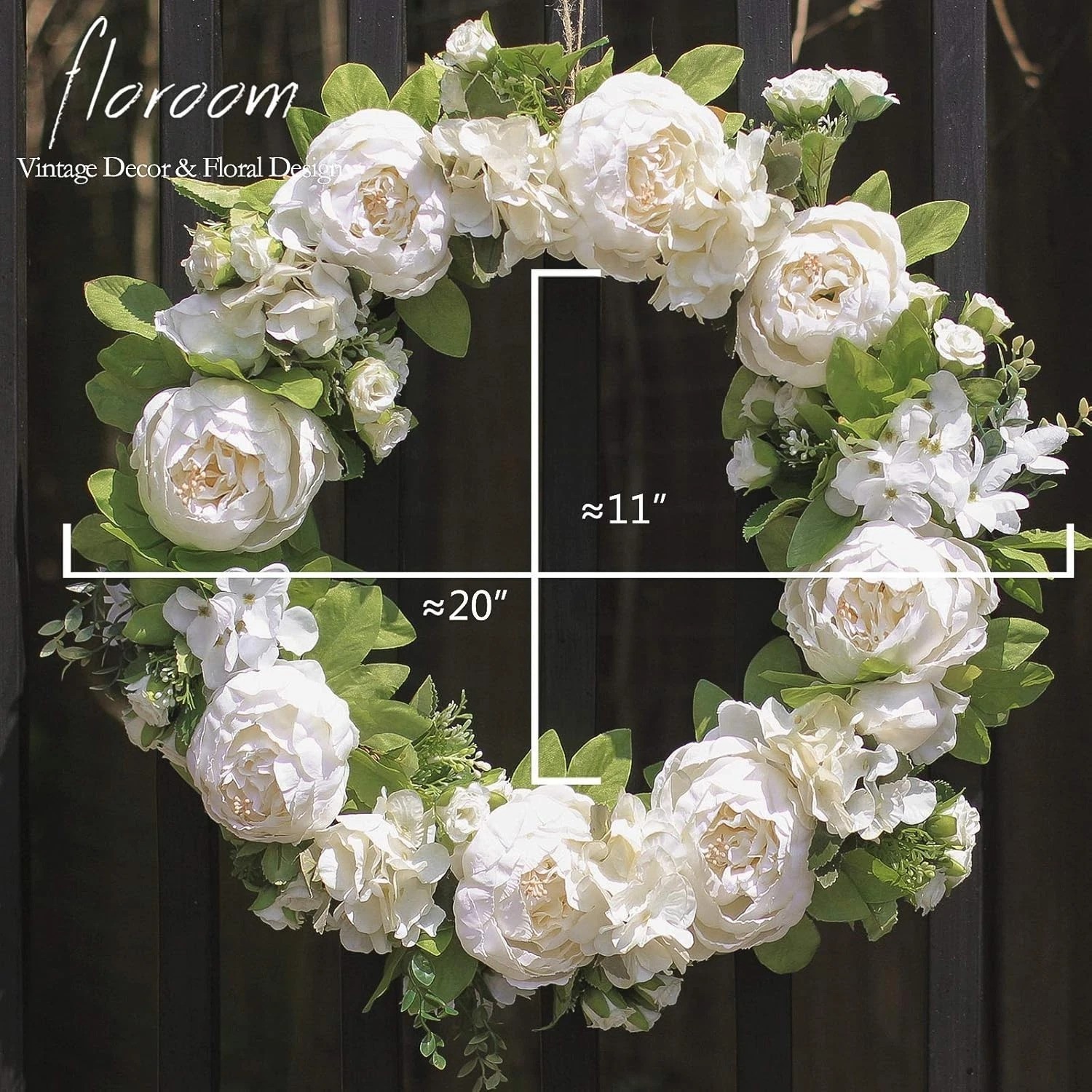Artificial 20-Inch White Peony Hydrangea Wreath for Front Door Wall Decor