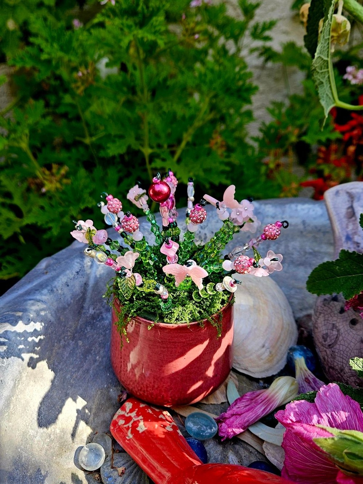 Pink Beaded Floral Accent Pot – Decorative Home Accent