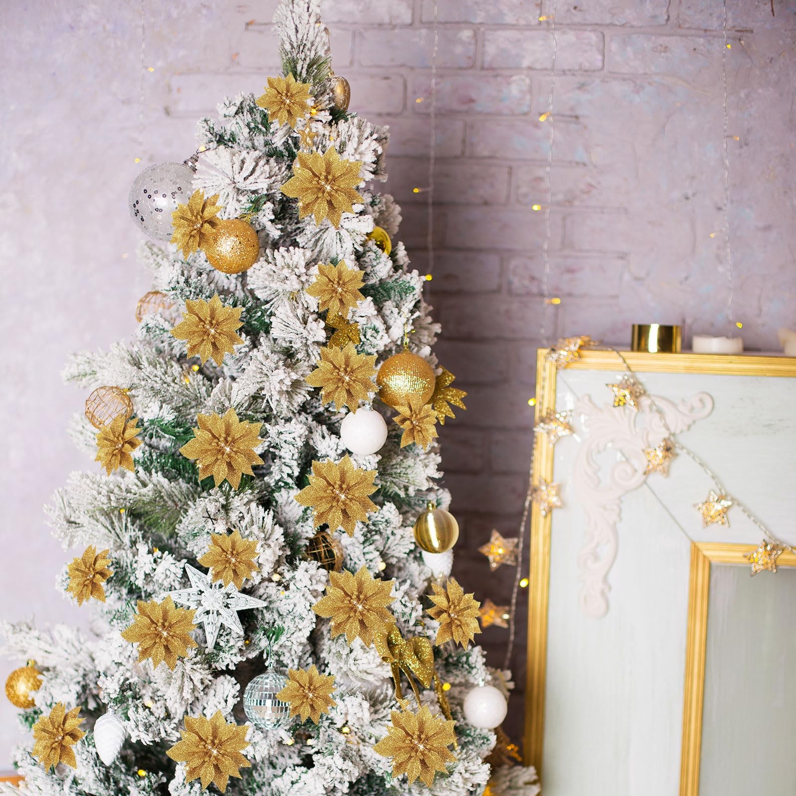 24 Pcs Christmas Poinsettias Artificial Flowers, 6 4 3 Glitter Poinsettia Cli…