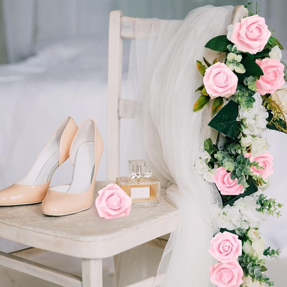Lifelike 25pcs Pink Glitter Artificial Roses – Wedding & Party Essentials
