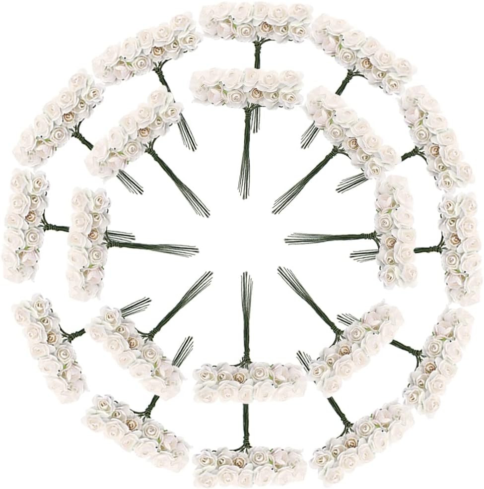 144Pcs Mini Paper Flowers,Mulberry Paper 1/2″ Artificial Rose Flower with Stem f