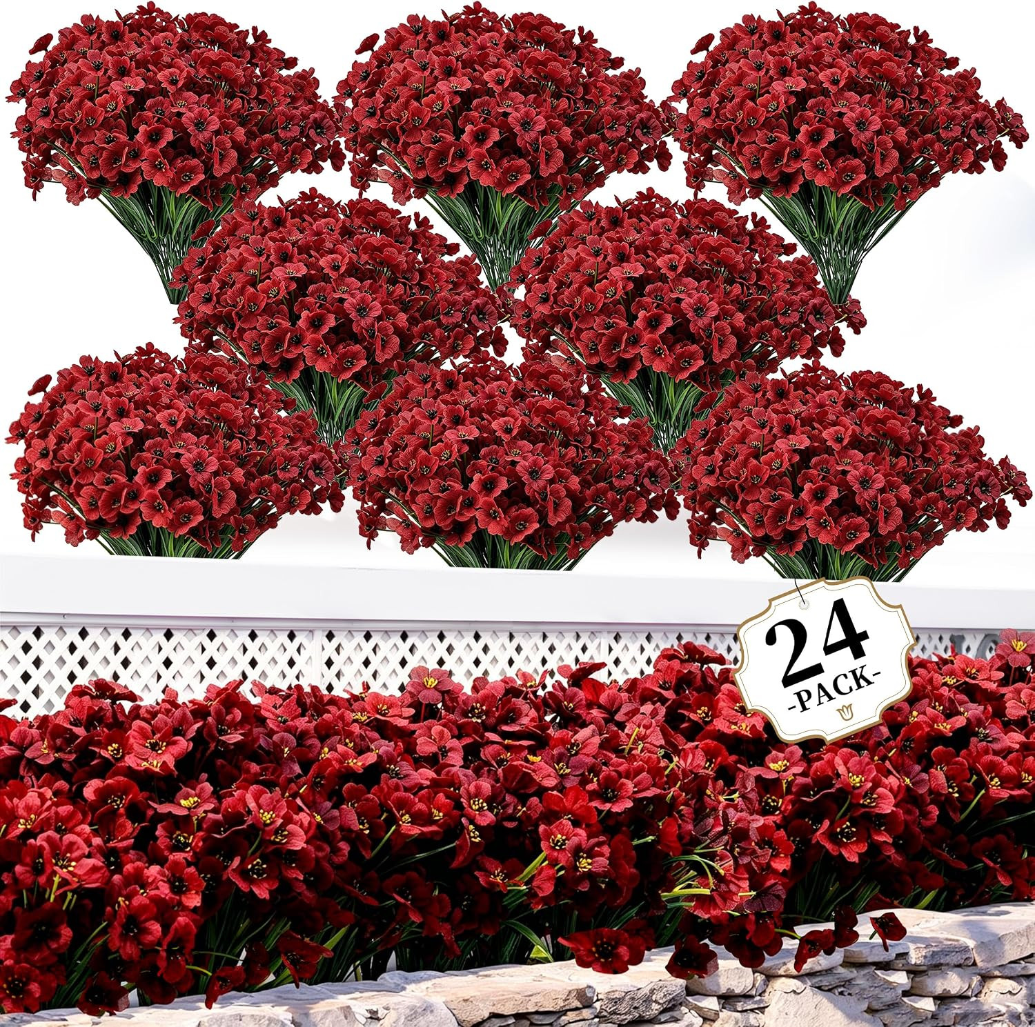 24 Bundles Burgundy Artificial Flowers for Outdoors Fake Plant Mum | Artificial