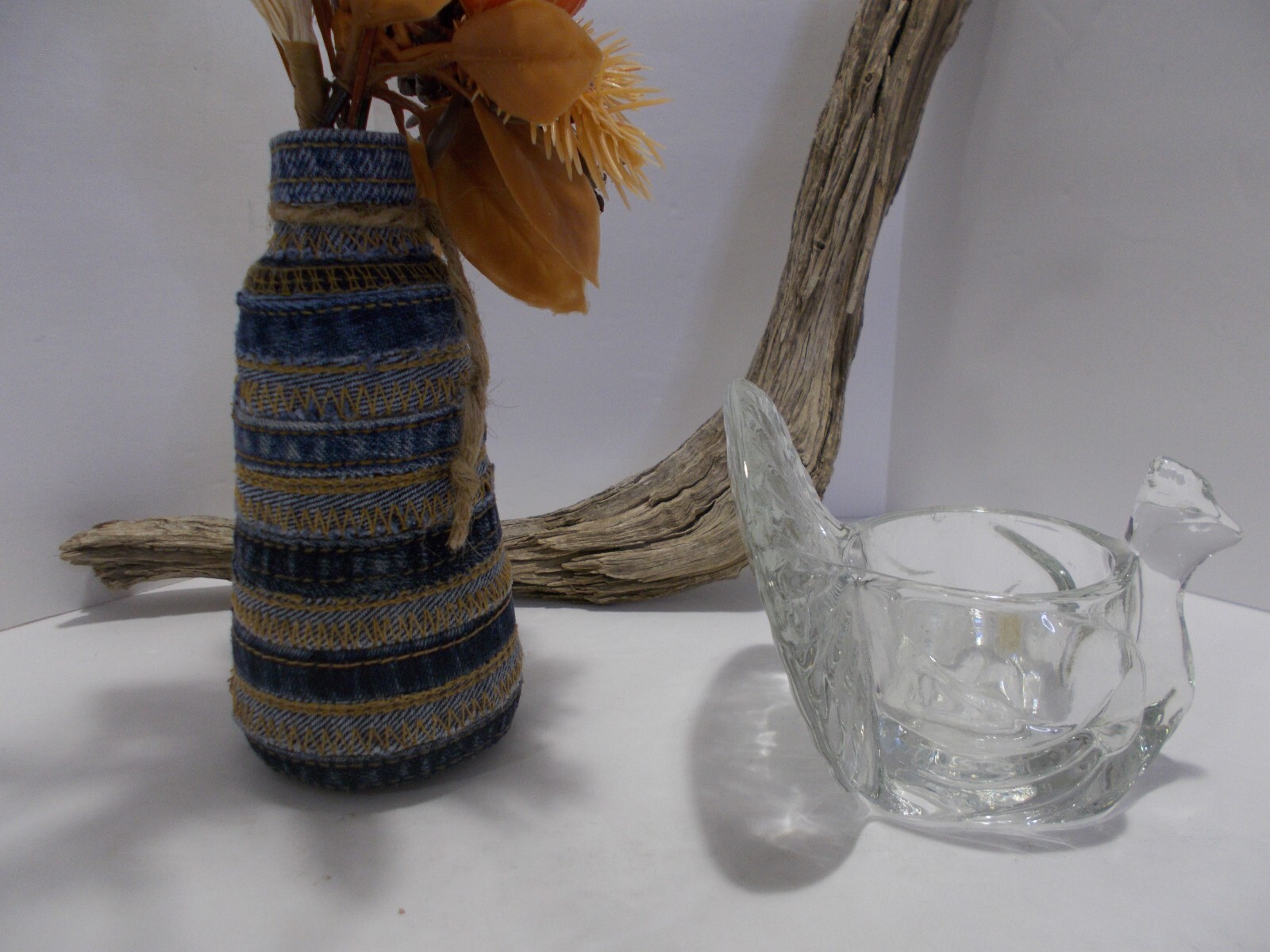 Recycled Denim Jeans Seams Vase w Denim Rose & Vtg. Glass Turkey Candle Holder