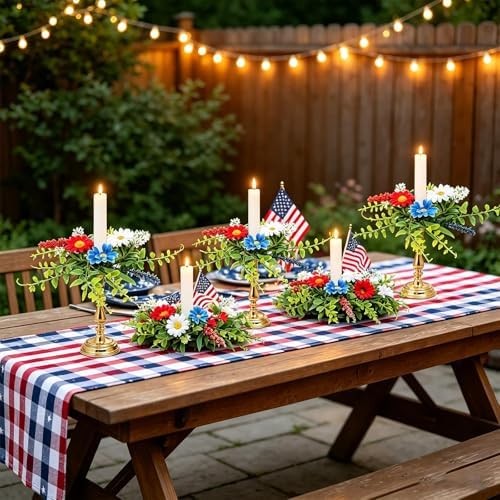 6 PCS Patriotic American Taper Candle Rings Wreaths 1.38″ Mini 4th of July Flora