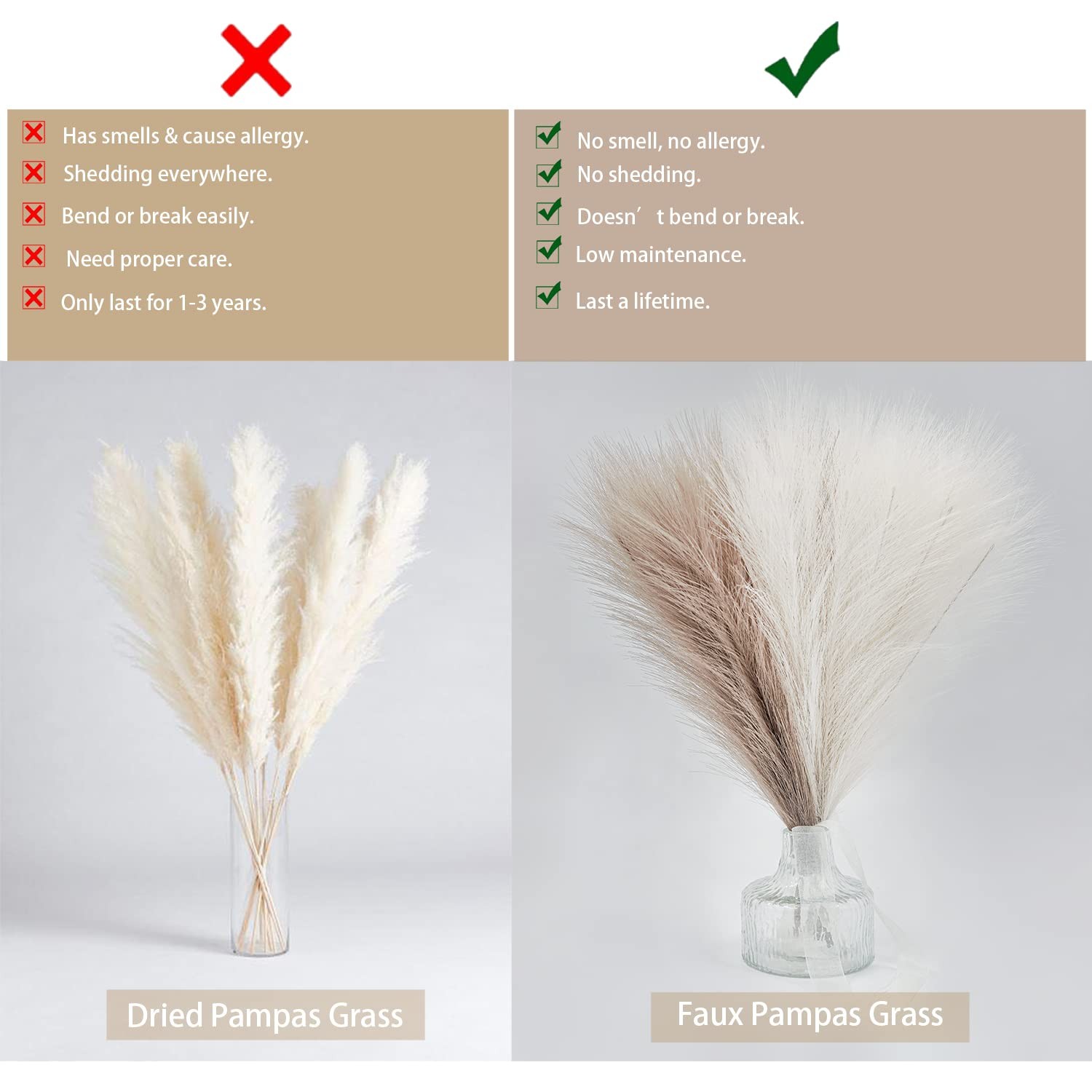 Faux Pampas Grass Decor. 6 Stems 17” Short Artificial Pampas Grass. Room Deco…