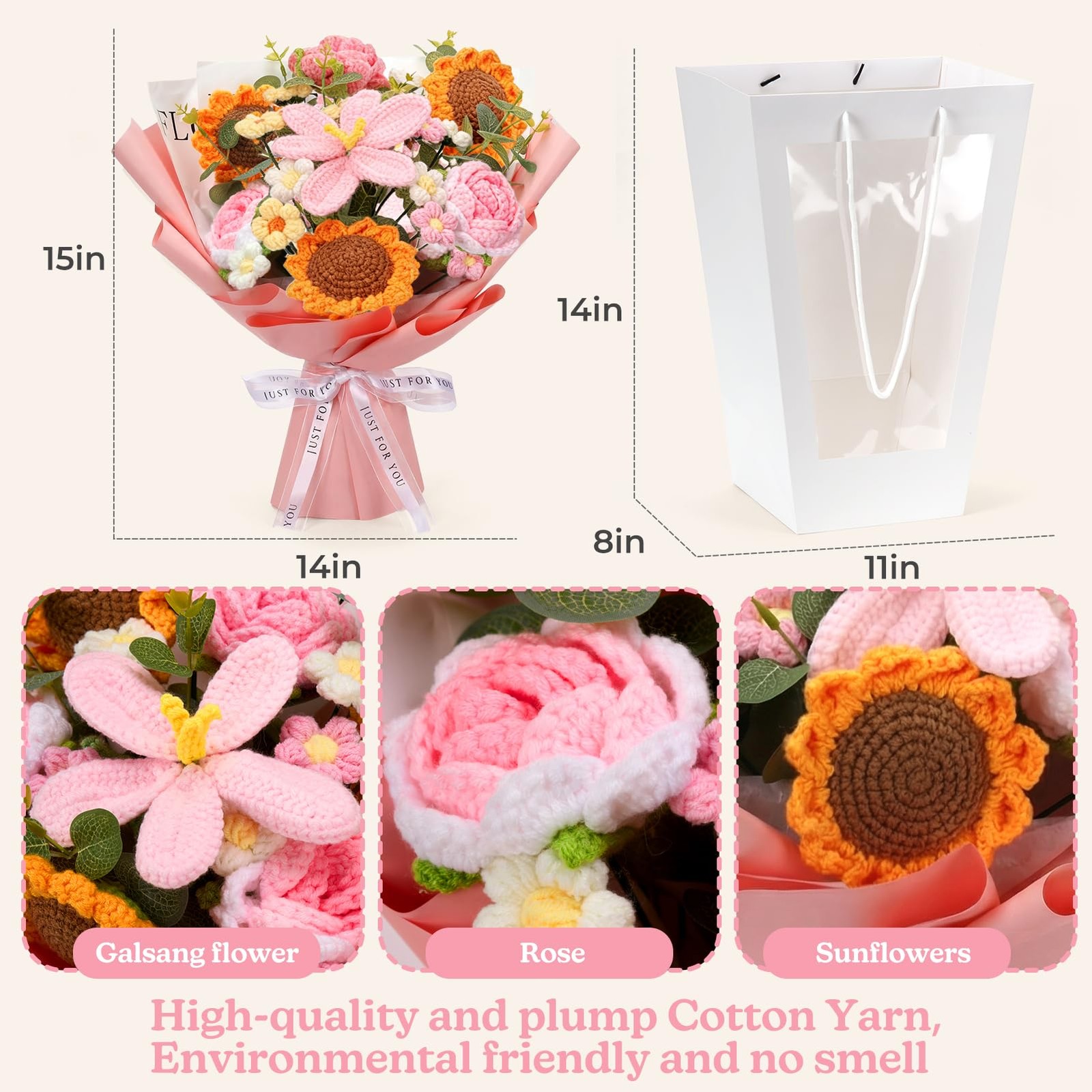 Hand-Made Crocheted Flower Bouquet, 24 Flowers and 15″ Tall, Taller and Plump…