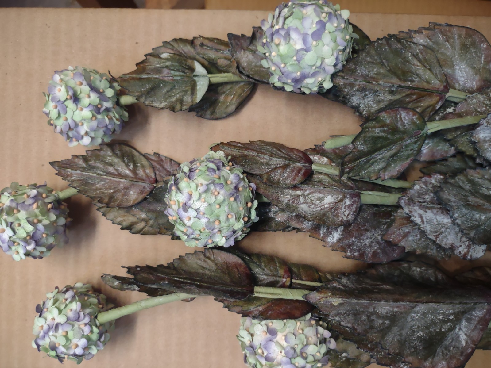 3 Stems Globe Flowers, Dry-Look Lavender/Green w/Dusty Leaves, Wired, 24″ Length