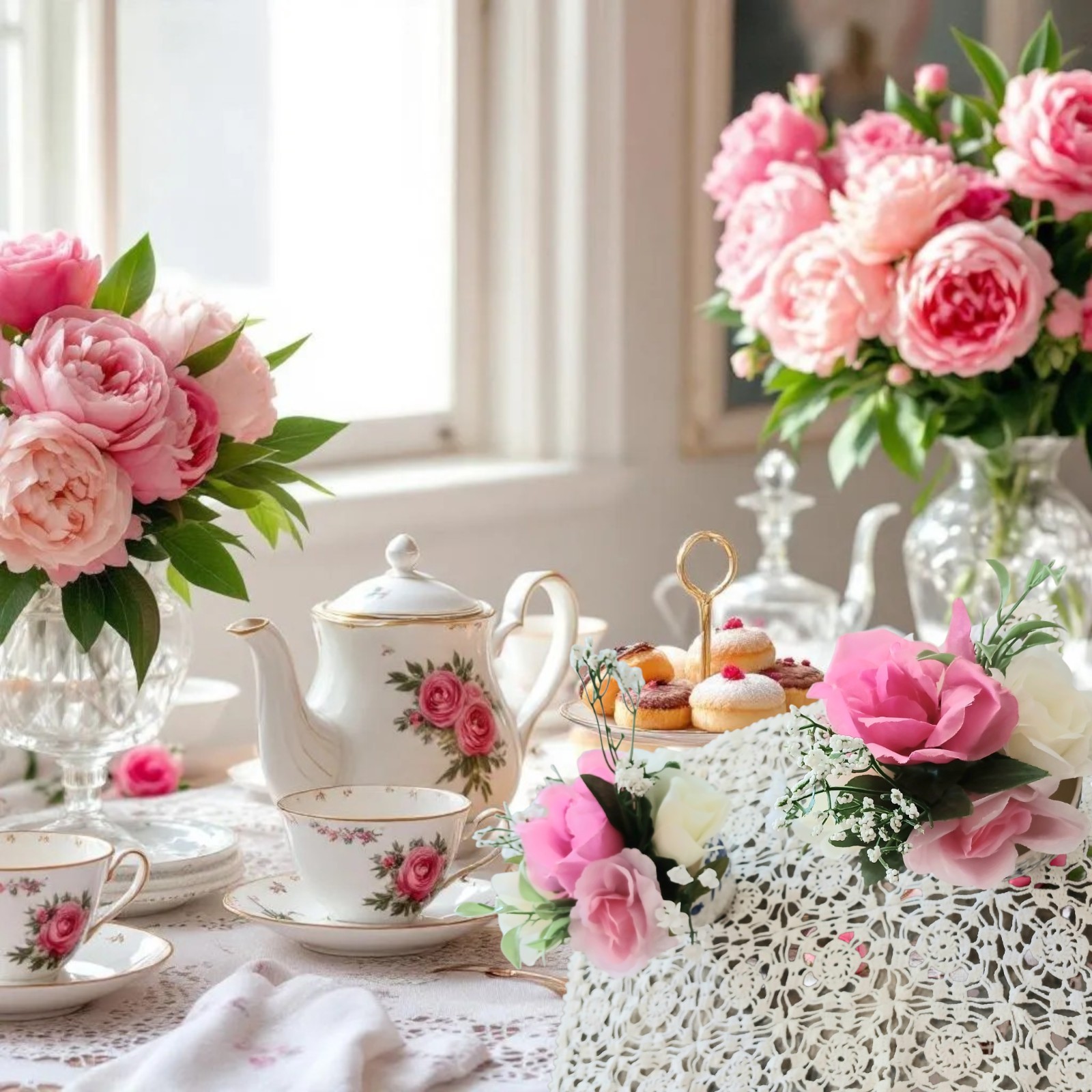 Dainty Pink White Roses Floral Arrangement Tea Party Cup POP-IN Birthday Bridal