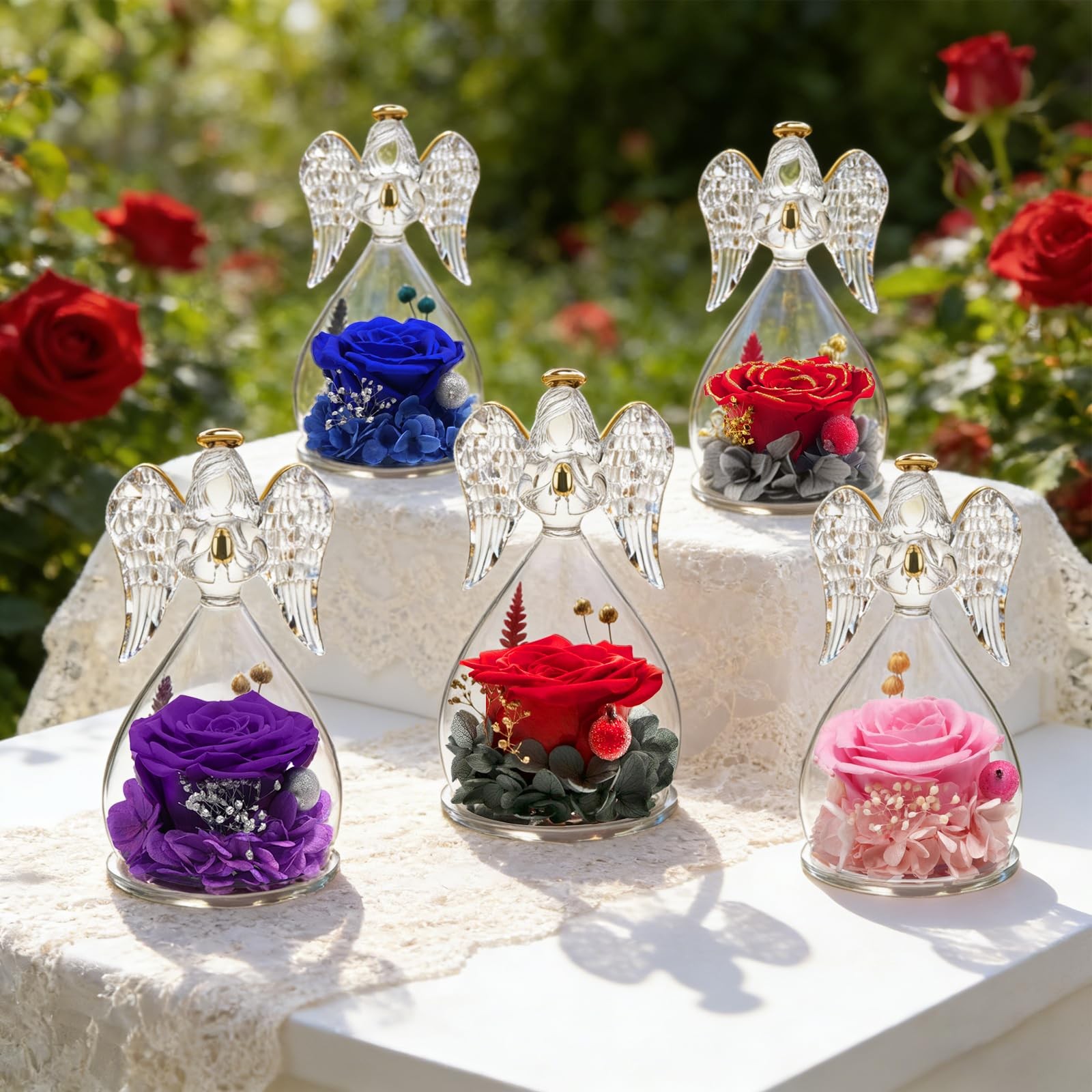 Angel Figurines With Real Rose Preserved Flowers Mothers Day Gift Redgold