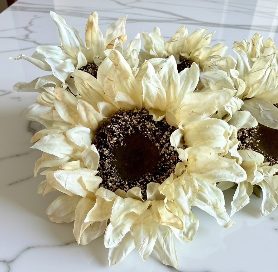 Set of 5 Cream Faux Sunflower Picks Soft Fabric Petals Wrapped Stems 9″ Tall