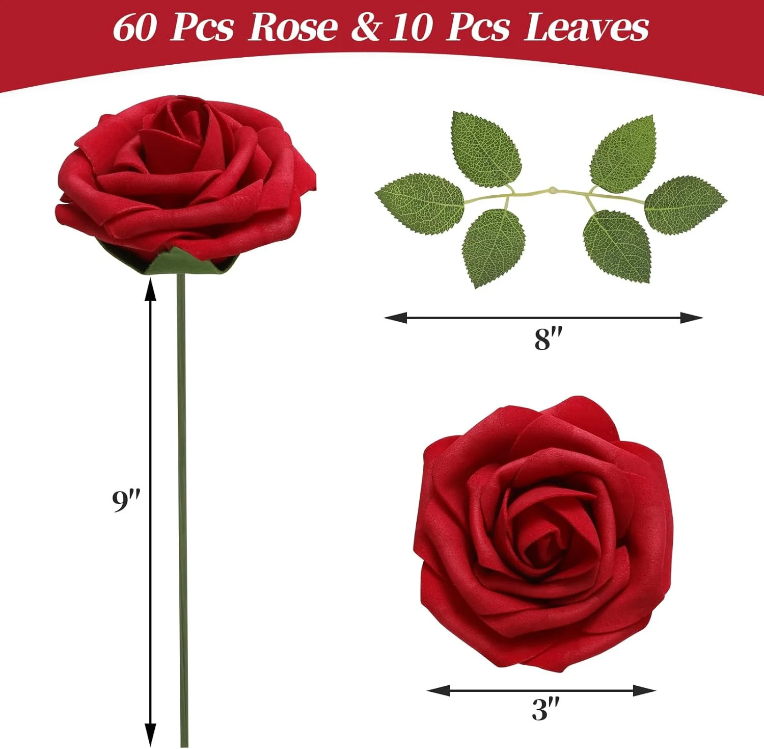 DerBlue 60pcs Artificial Roses Flowers with stem and 10pcs Green Leaves Real Loo