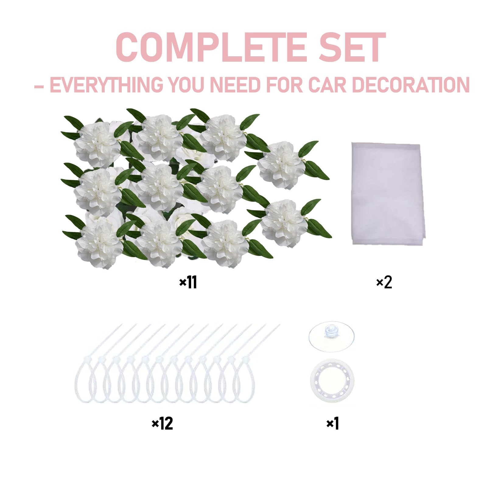 Luxury Wedding Car Decor Kit with White Artificial Floral Garland and Satin B…