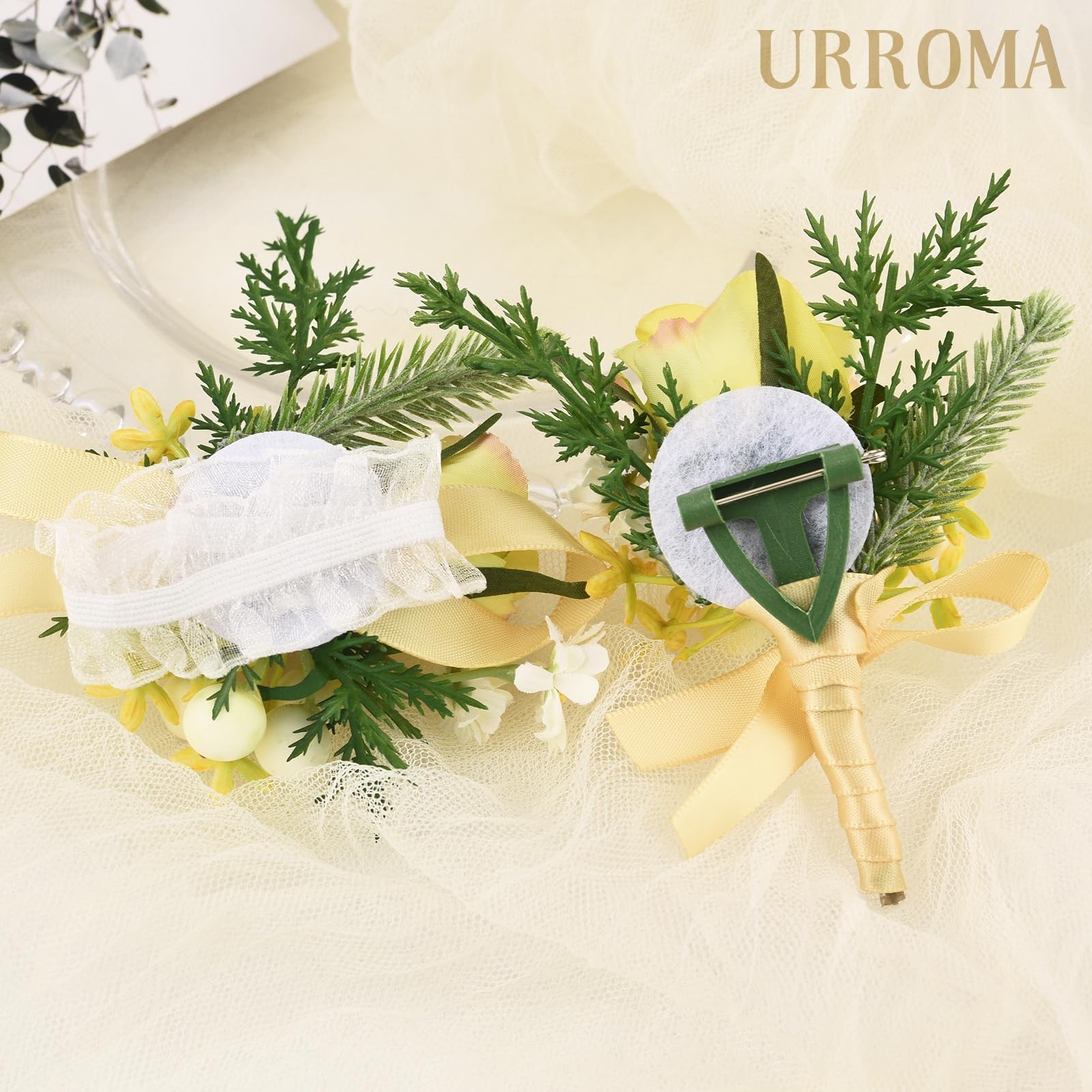 2 PCS Wedding Wrist Corsage Boutonniere Set Light Yellow Rose Hand Flower Prom