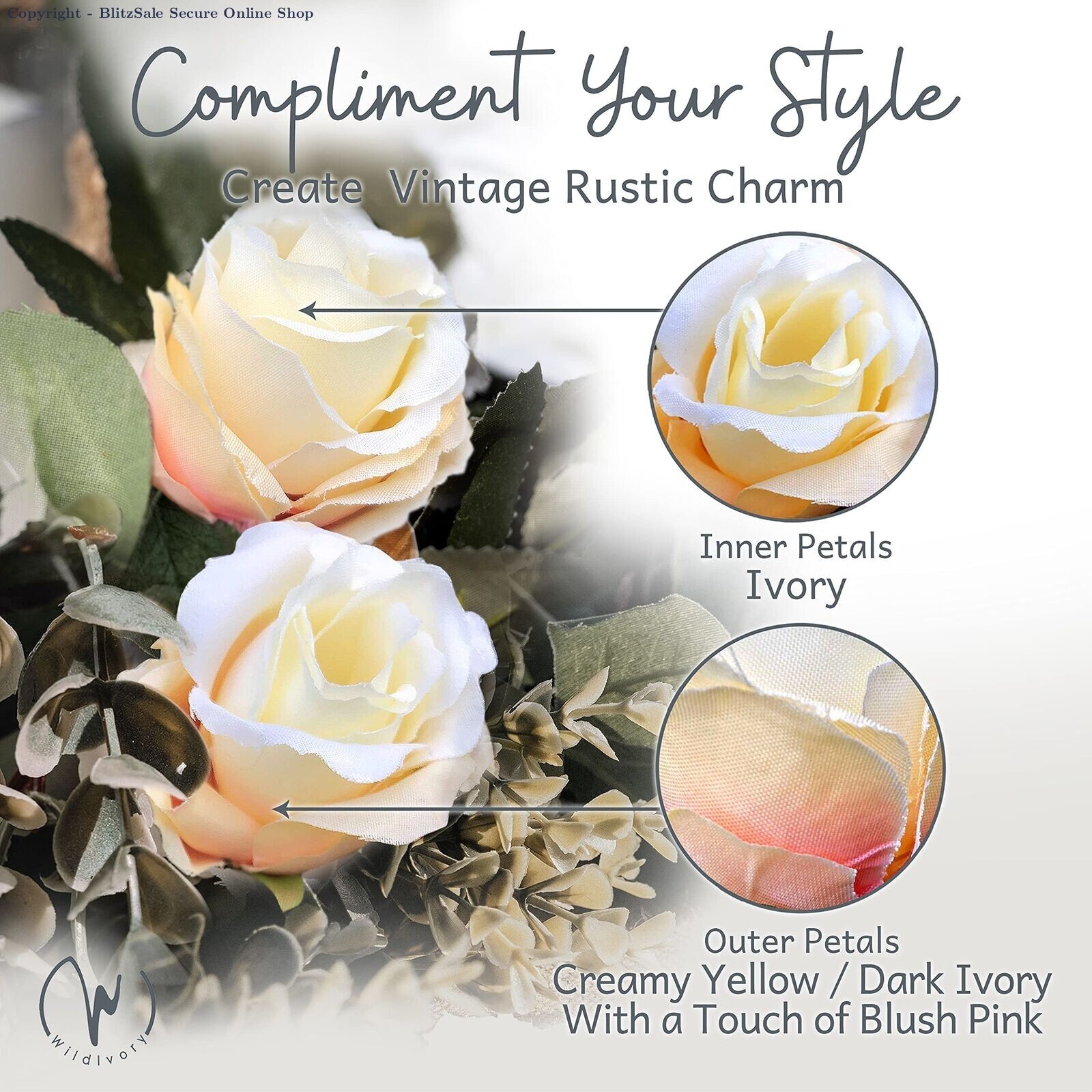 6 Pack Artificial Eucalyptus Garland with 17 Ivory Cream Roses – Wedding Floral