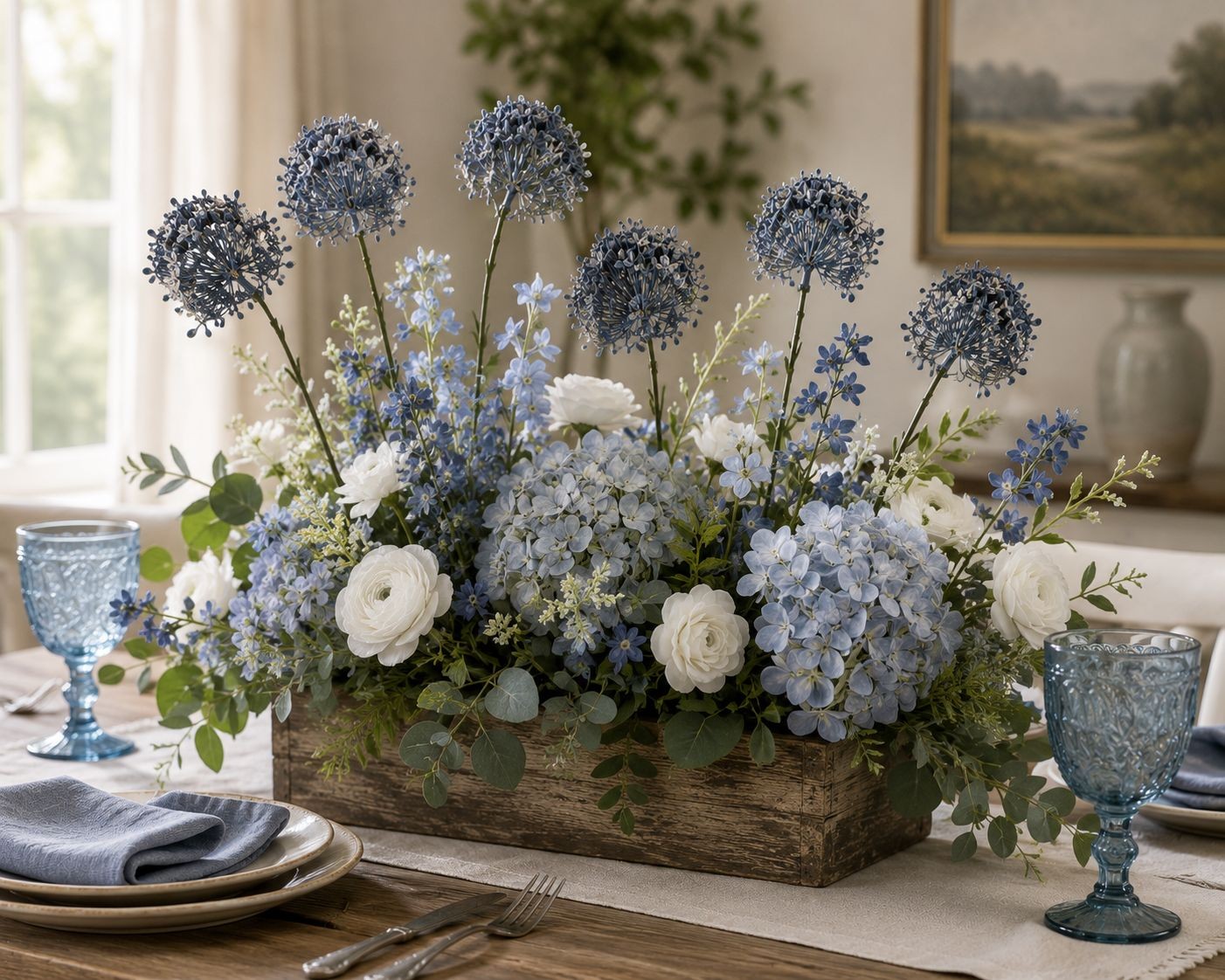 Artificial Blue Allium Flower Stems Set of 2 Dusty French Blue Faux Floral Spray
