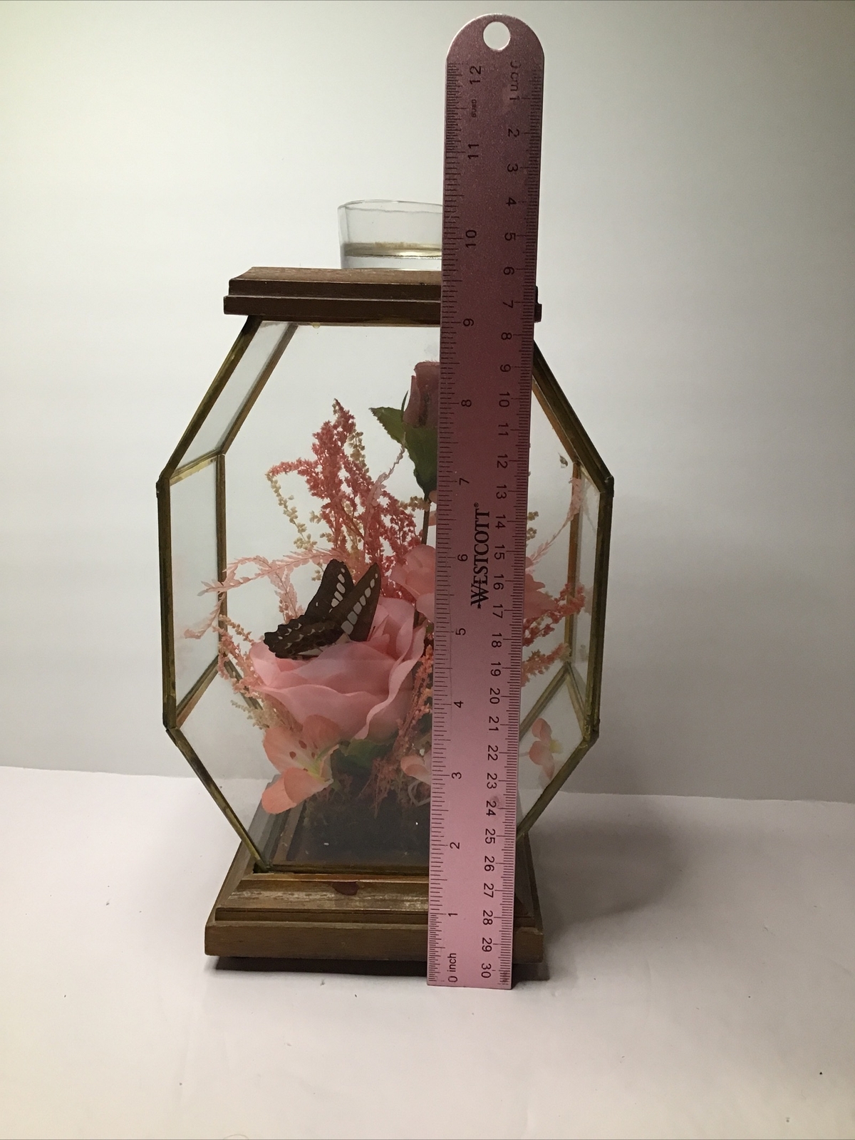 Display Case w Tea Lite Holder Pink Silk Flowers Wood and Brass Vintage