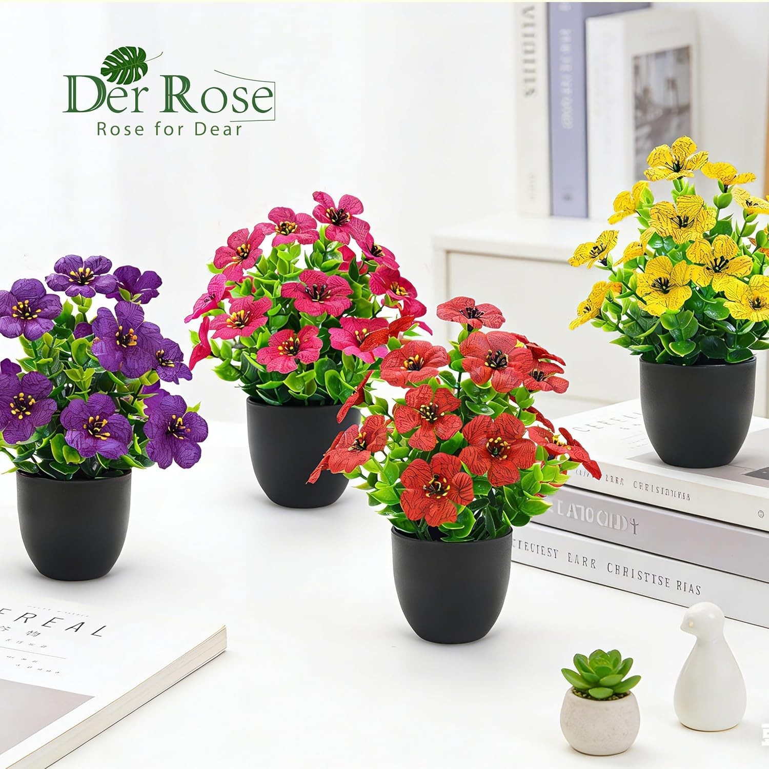 4 Pack Small Fake Plants Fragrance Discs Faux Flowers Black Pots Decor