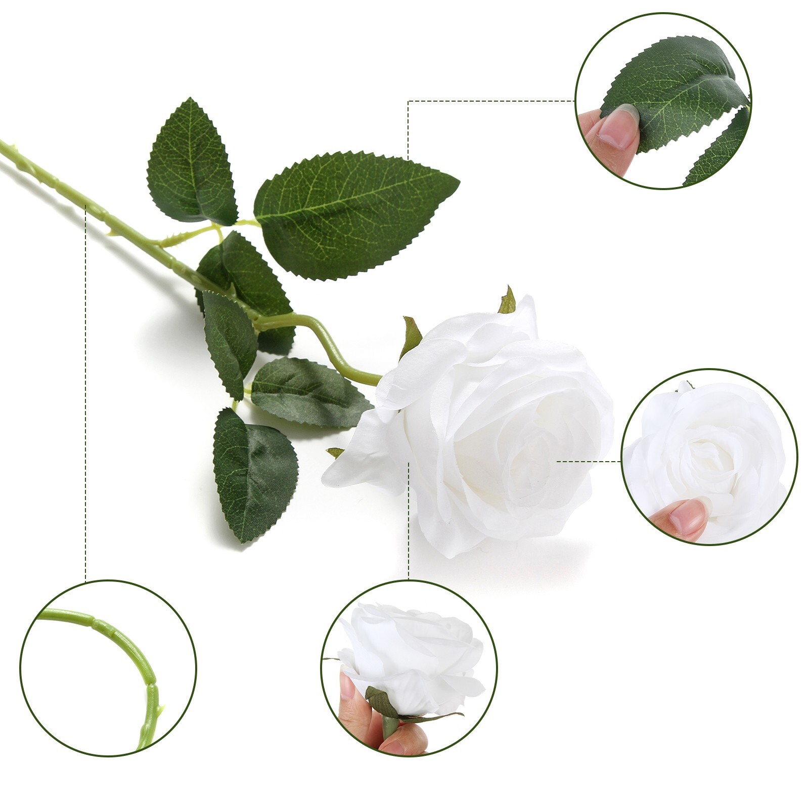 EZFLOWERY 12 Pcs Artificial Roses Flower White Silk with Single Stems Real Touch