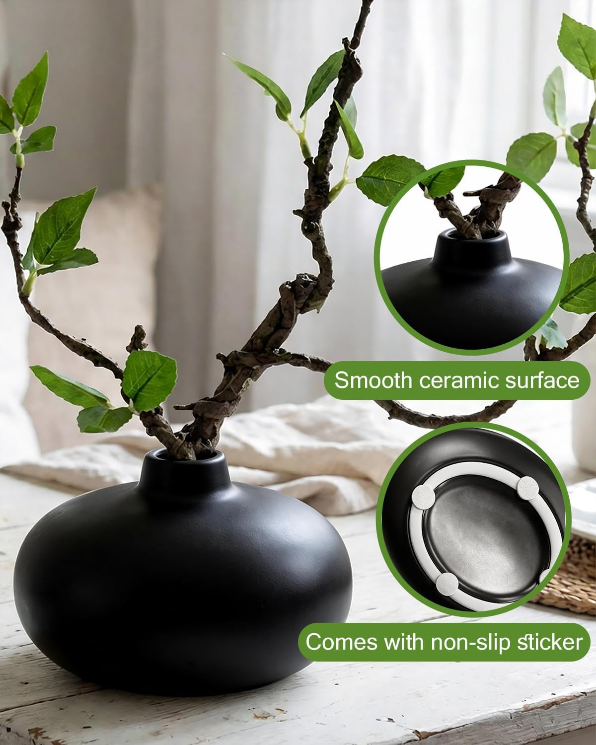 Vase with Greenery, 1 Pc Artificial Stem with Black Vase, 20″ Decorative Fake Pl