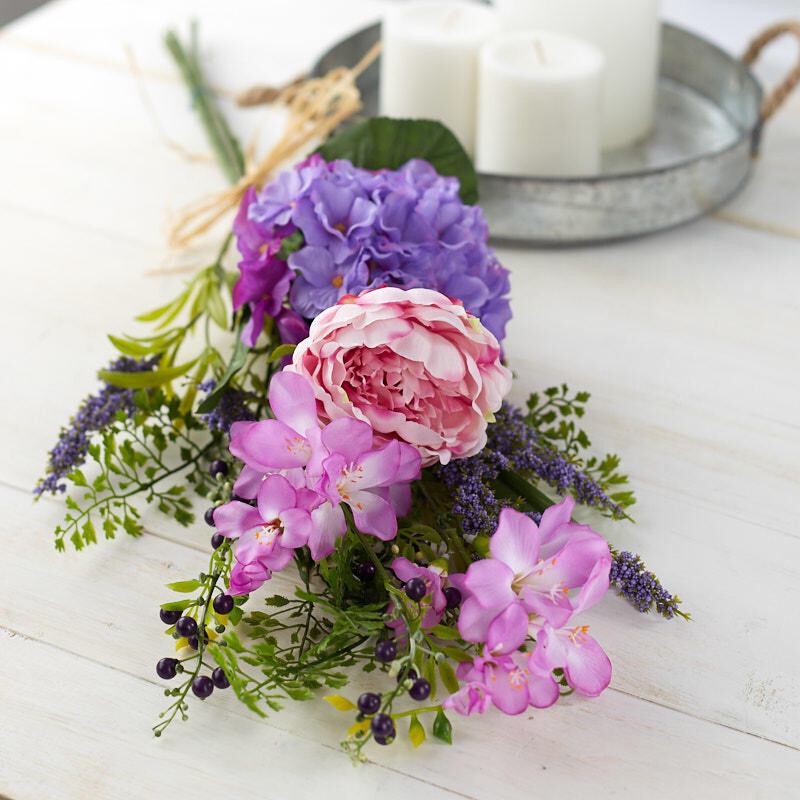 30″ Purple & Pink Artificial Hydrangea, Peony, and Freesia Floral Bundle