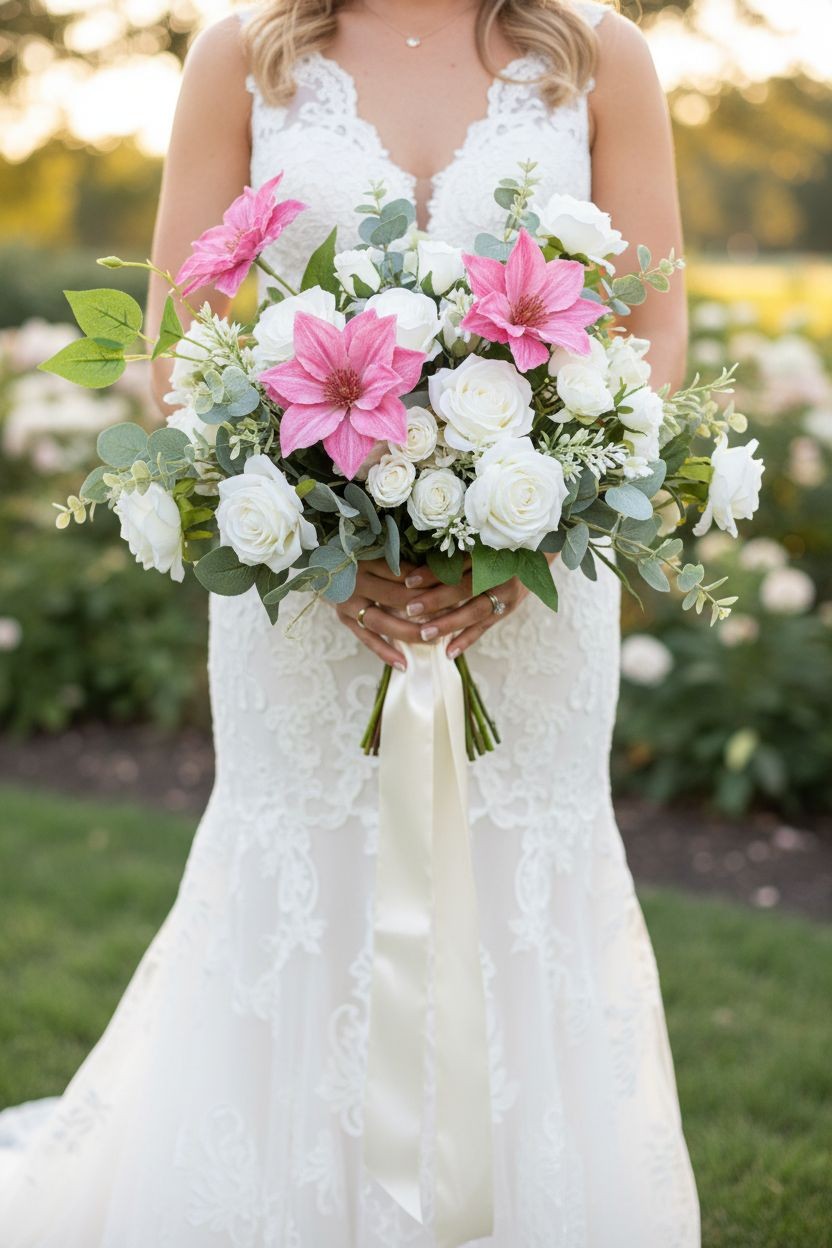 Pink Clematis Stem Faux Flower Branch Floral Stem Cottagecore Wedding Flower Far