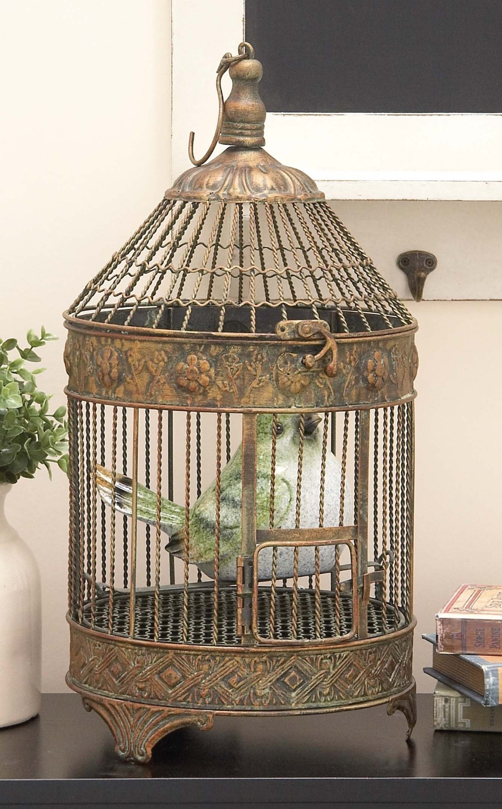 Antique Metal Floral Birdcage Set of 2 – Twisted Rod, Latch Closure, Hanging Hoo
