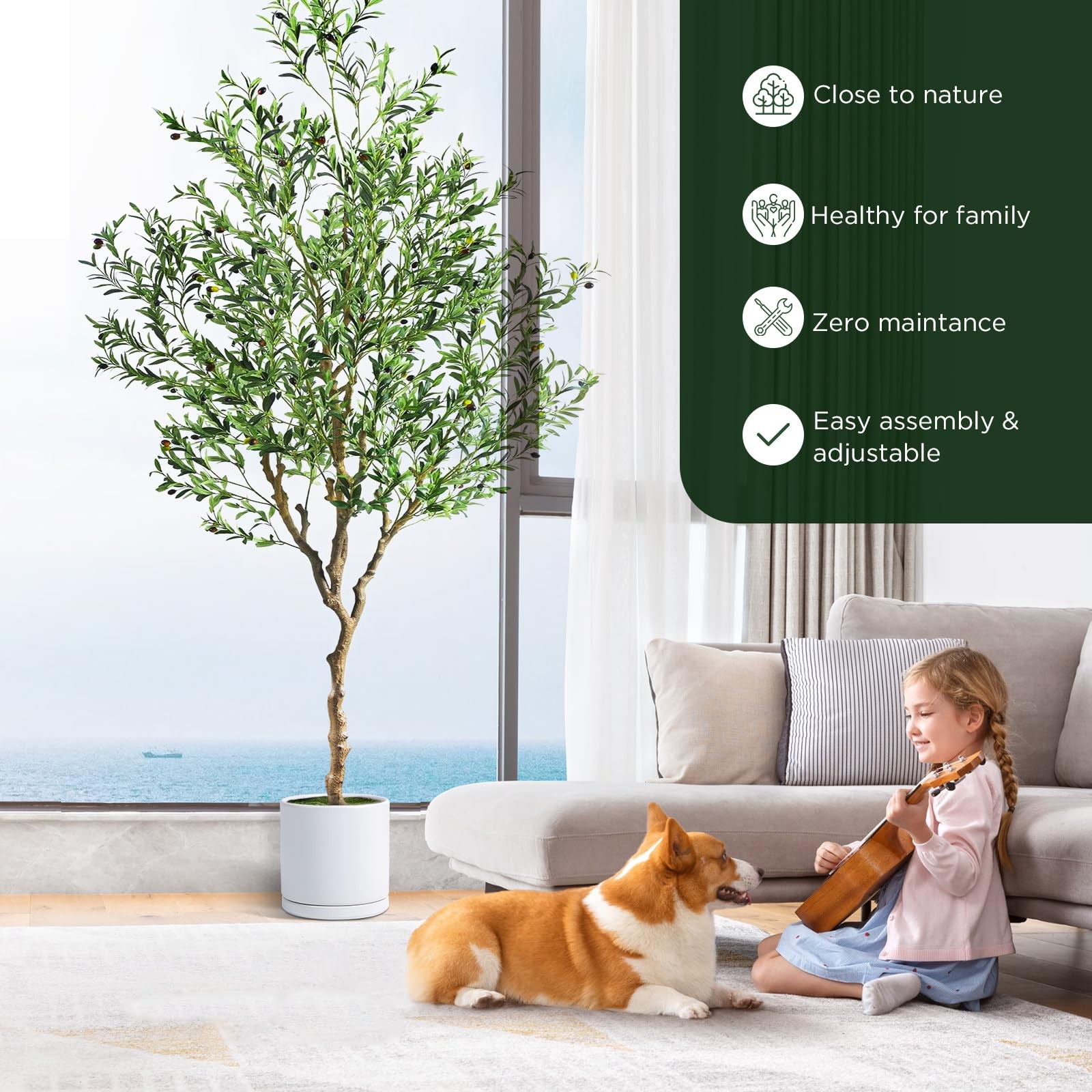 7ft Artificial Olive Tree Potted, Faux Indoor Plants with Natural Wood Trunk …