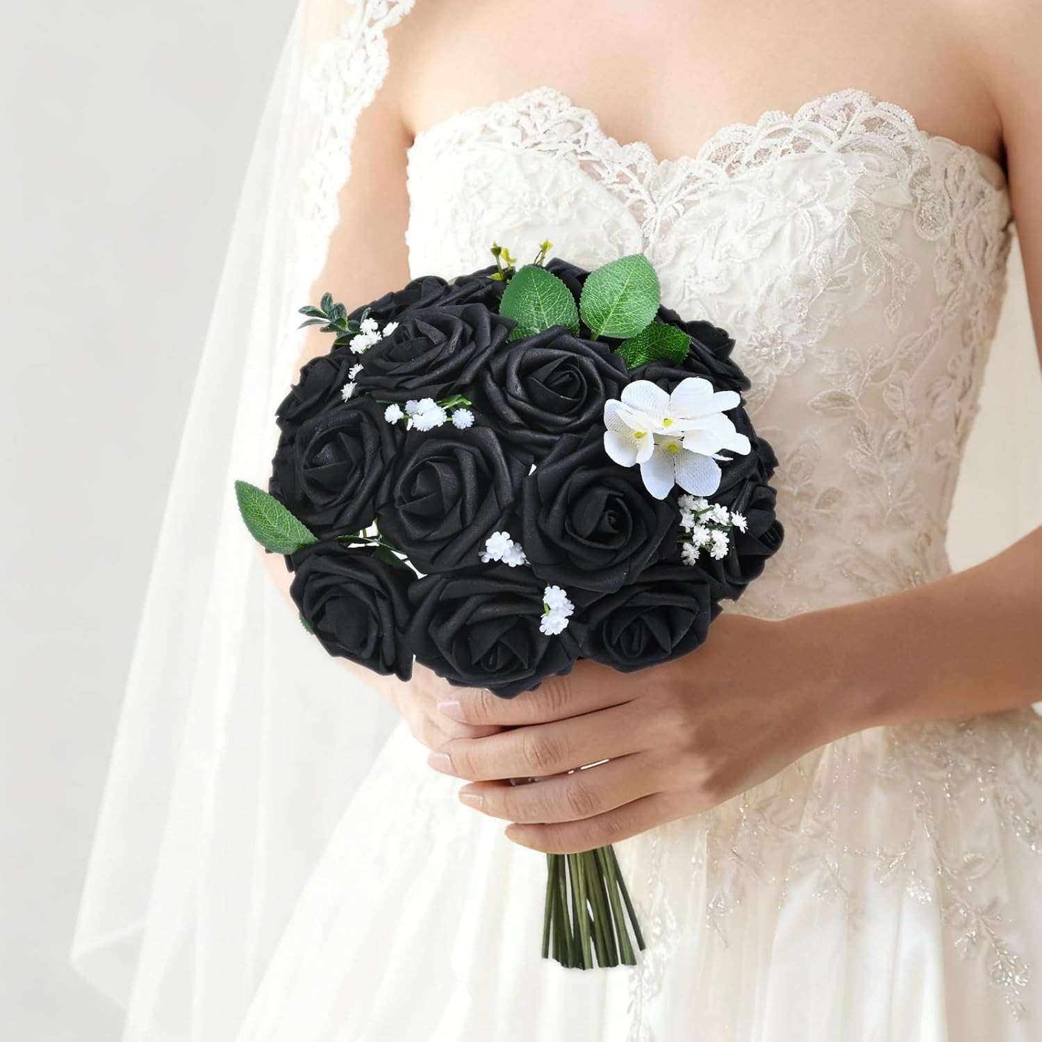 9 Pcs Black Foam Roses Artificial Flowers Real Touch Wedding Bouquet Centerpiece