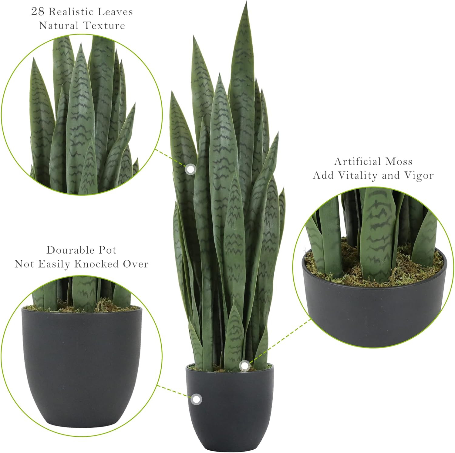 Lifelike 3Ft Artificial Snake Plant with Black Pot & Dry Moss – Home Decor