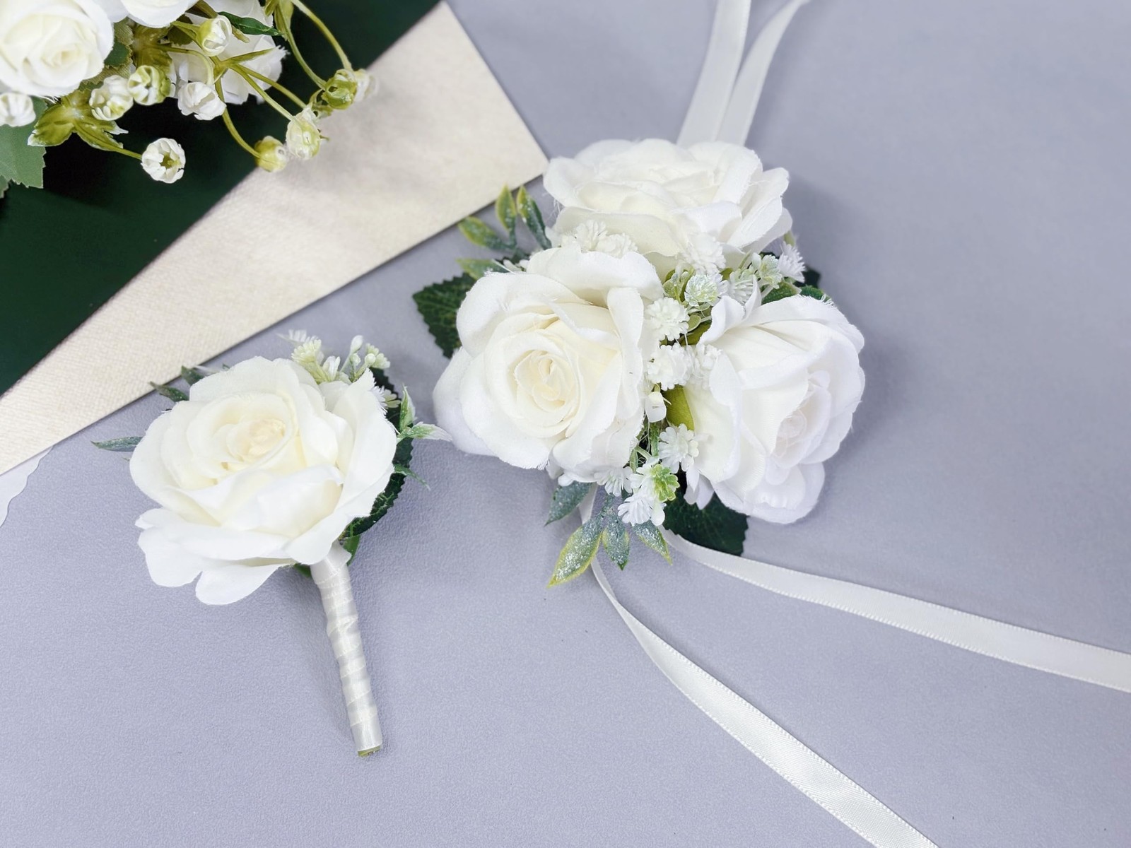 White Rose Corsage and Boutonniere Set with Green Leaves for Wedding Flower P…