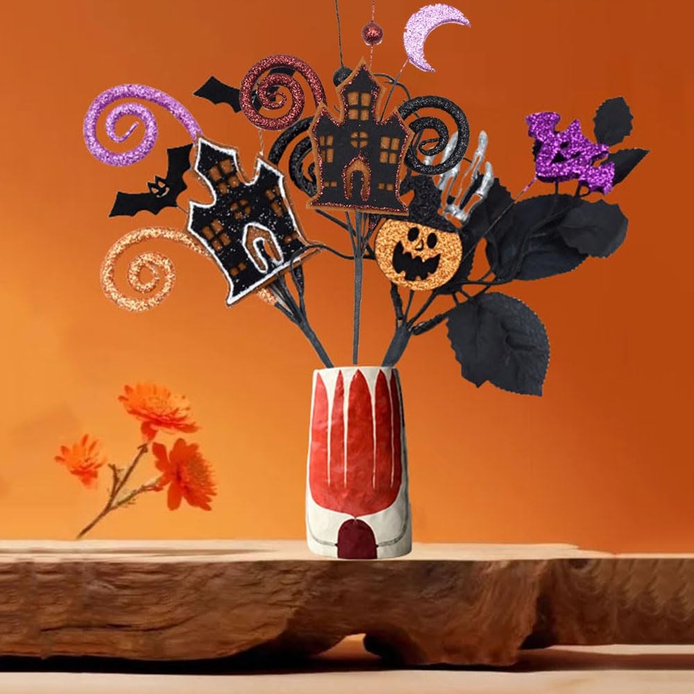 4 Pcs Artificial Halloween Floral Picks Purple Orange Black Berry Stems Hallo…