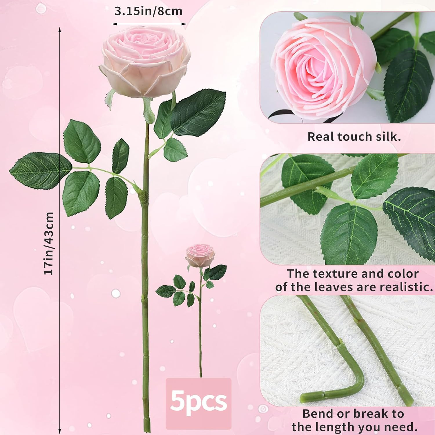 5Pcs Realistic Touch Artificial Roses – Moisturizing Faux Roses for Home Decor,