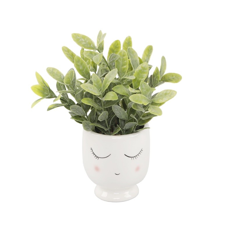 Tabletop Artificial Tea Leaf Plant in Ceramic Shy Girl Planter Indoor Decor New