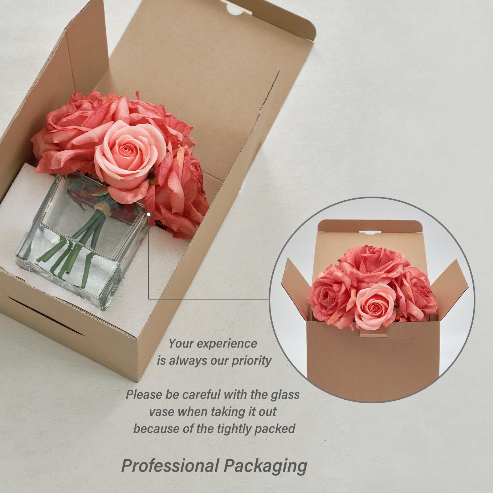 Artificial Silk Rose Flower In Vase With Faux Water Pink Table Centerpiece