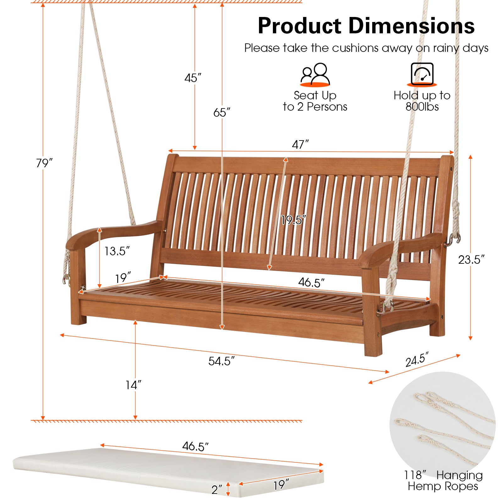 2-Person Porch Swing Bench Wooden Swing w/ Ergonomic Backrest & Seat Natural