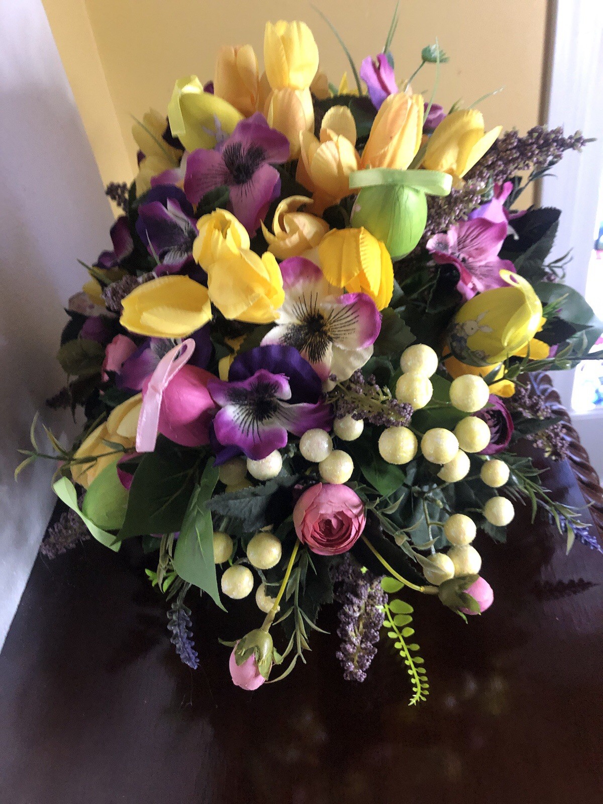 Spring Floral Arrangement. Easter Floral Arrangement Purple And Yellow Flowers